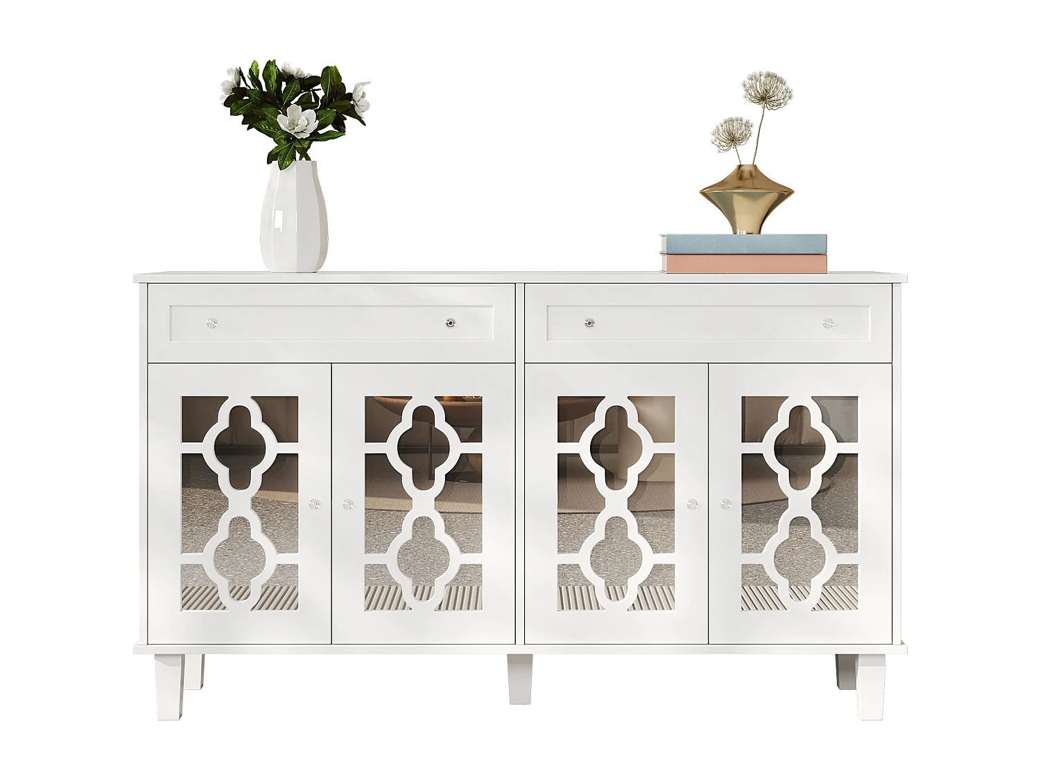 Buffet bas avec 4 portes et 2 tiroirs - 120 x 40 x 83 cm - Etagères réglables et poignées en cristal - MDF - Blanc