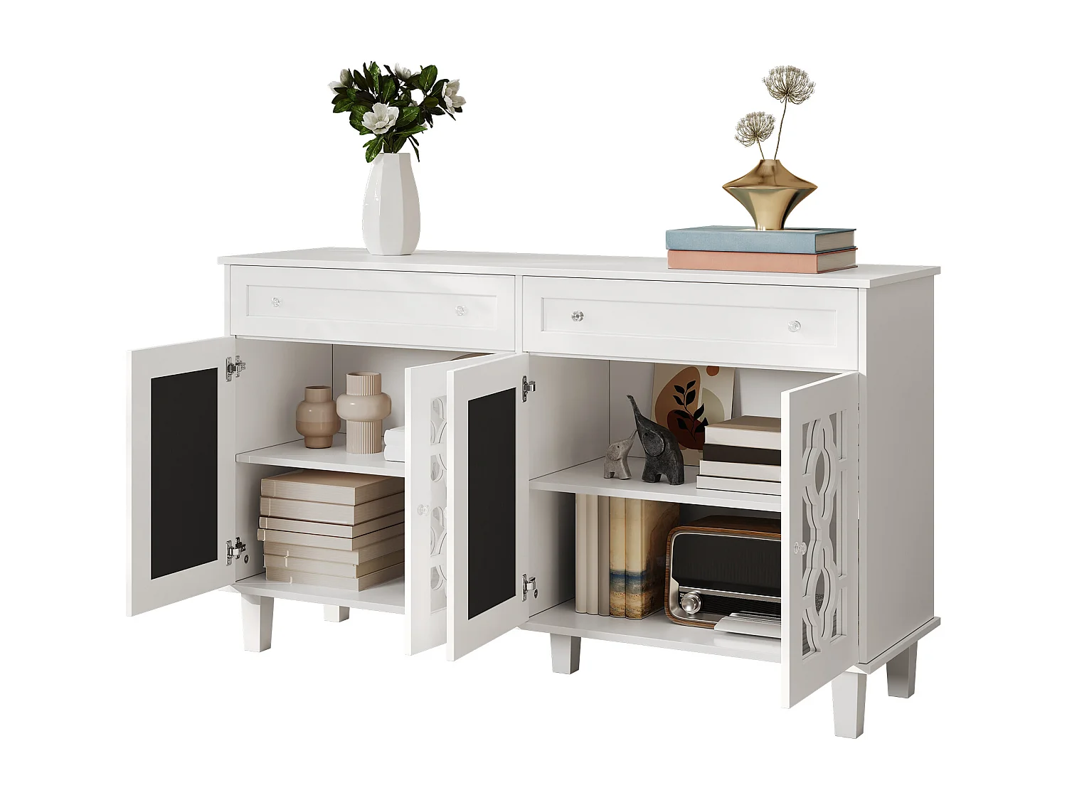 Buffet bas avec 4 portes et 2 tiroirs - 120 x 40 x 83 cm - Etagères réglables et poignées en cristal - MDF - Blanc