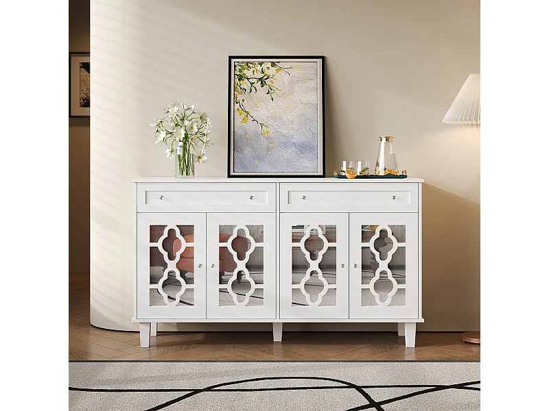 Laag dressoir met 4 deuren en 2 laden - 120 x 40 x 83 cm - Verstelbare planken en kristallen handgrepen - MDF - Wit