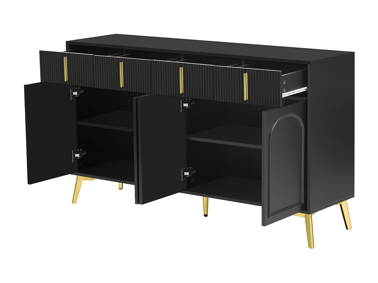 Buffet bas avec 4 portes et 4 tiroirs - 140 x 37,8 x 82 cm - Poignées et pieds dorés - MDF - Noir