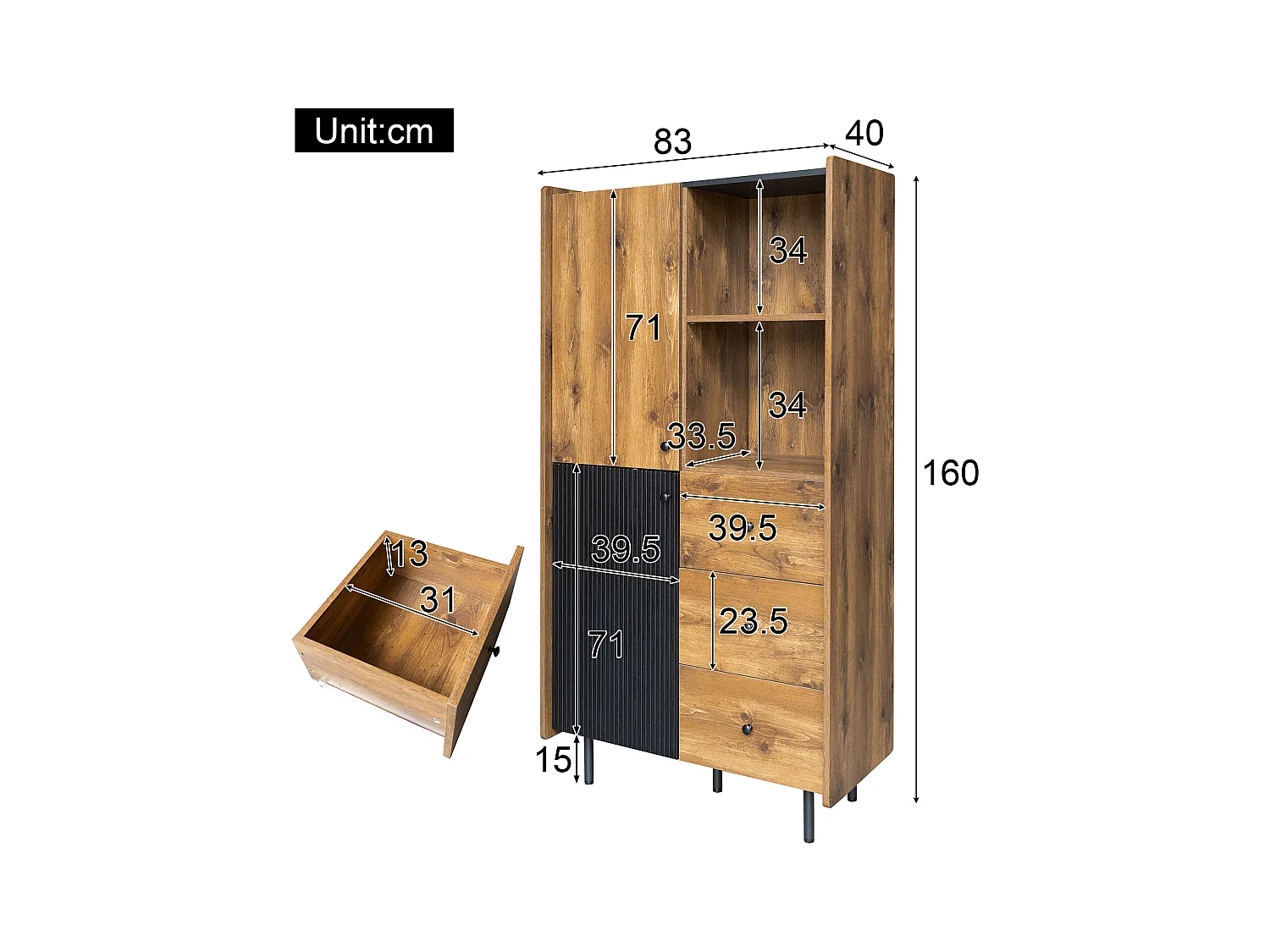 Hoog dressoir met 2 deuren en 3 lades - 83 x 40 x 160 cm - Spaanplaat en MDF - Zwart en hout