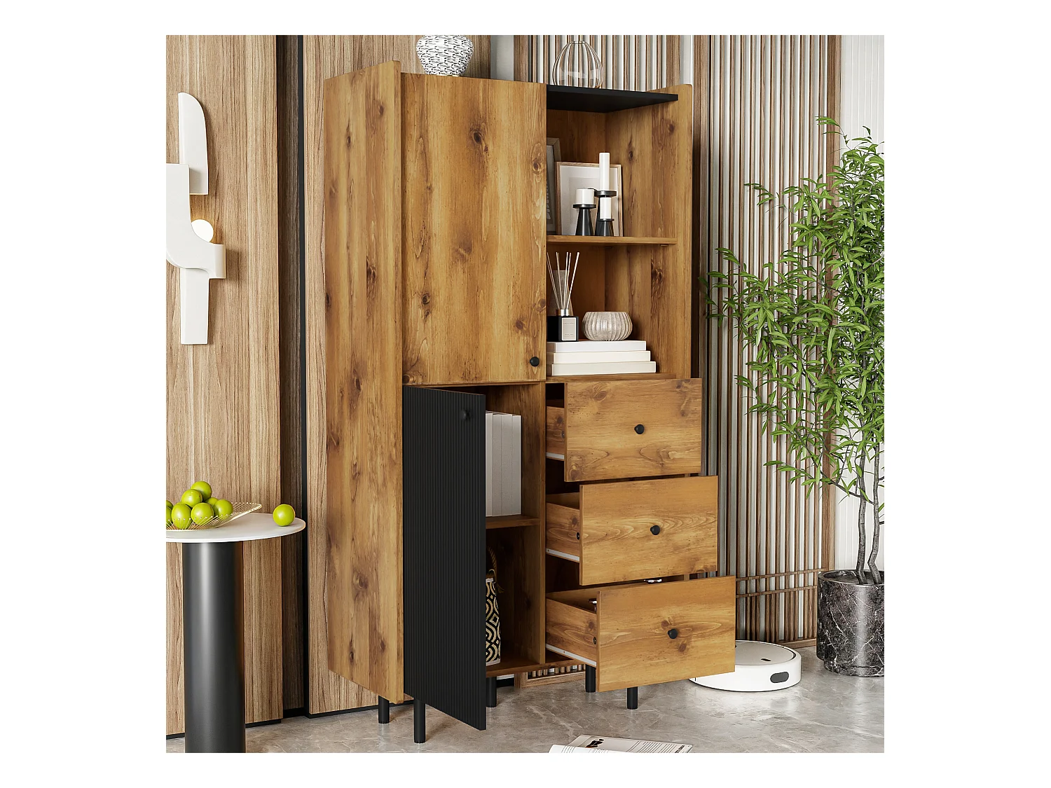 Hoog dressoir met 2 deuren en 3 lades - 83 x 40 x 160 cm - Spaanplaat en MDF - Zwart en hout