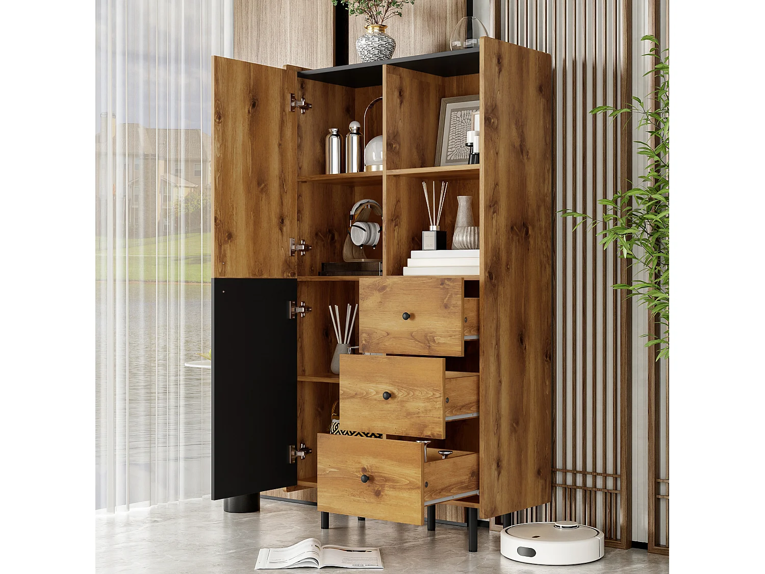 Hoog dressoir met 2 deuren en 3 lades - 83 x 40 x 160 cm - Spaanplaat en MDF - Zwart en hout