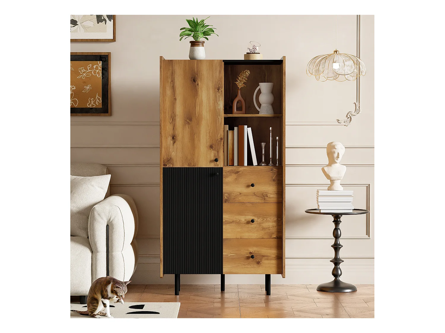 Hoog dressoir met 2 deuren en 3 lades - 83 x 40 x 160 cm - Spaanplaat en MDF - Zwart en hout