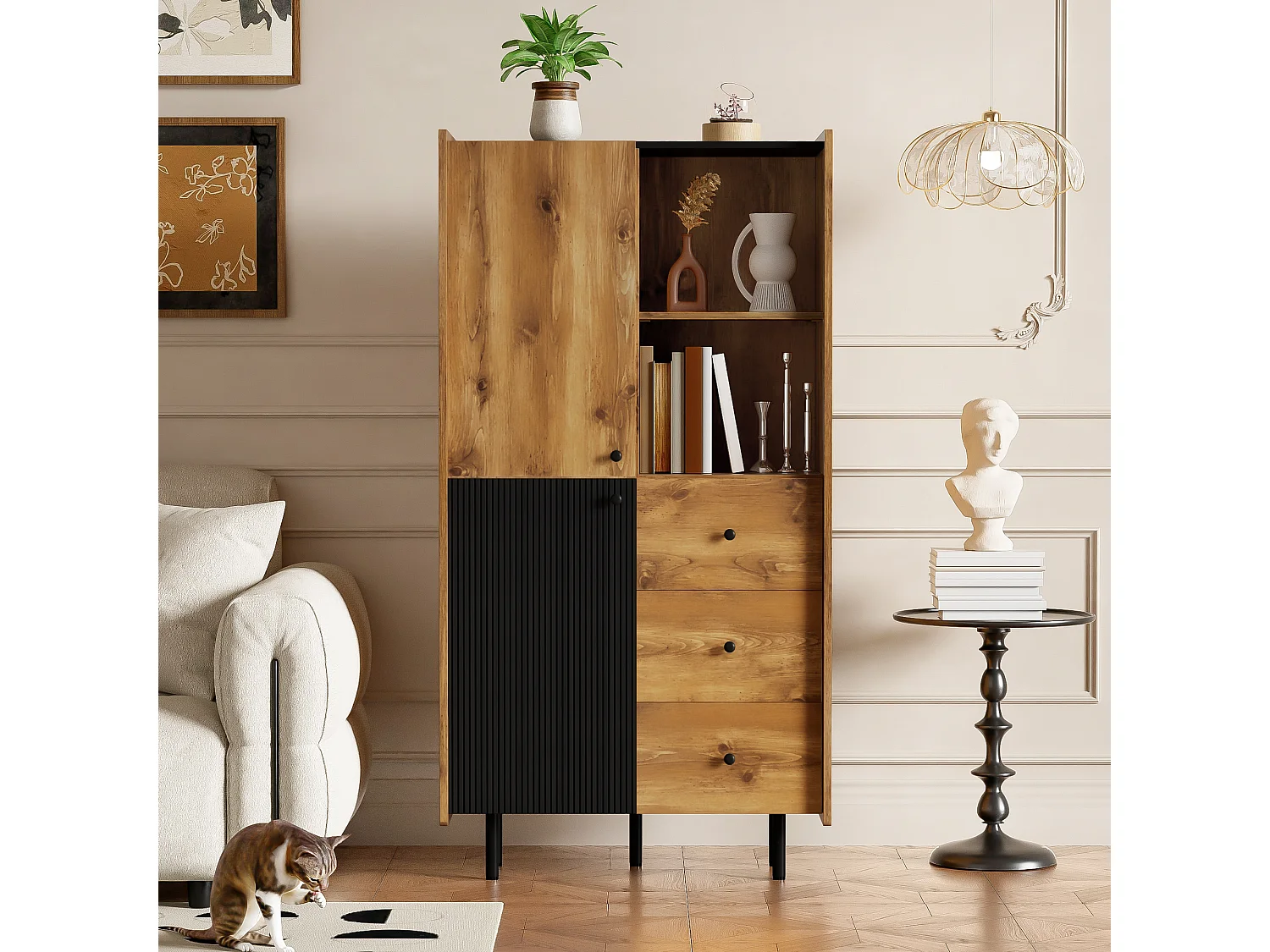 Hoog dressoir met 2 deuren en 3 lades - 83 x 40 x 160 cm - Spaanplaat en MDF - Zwart en hout