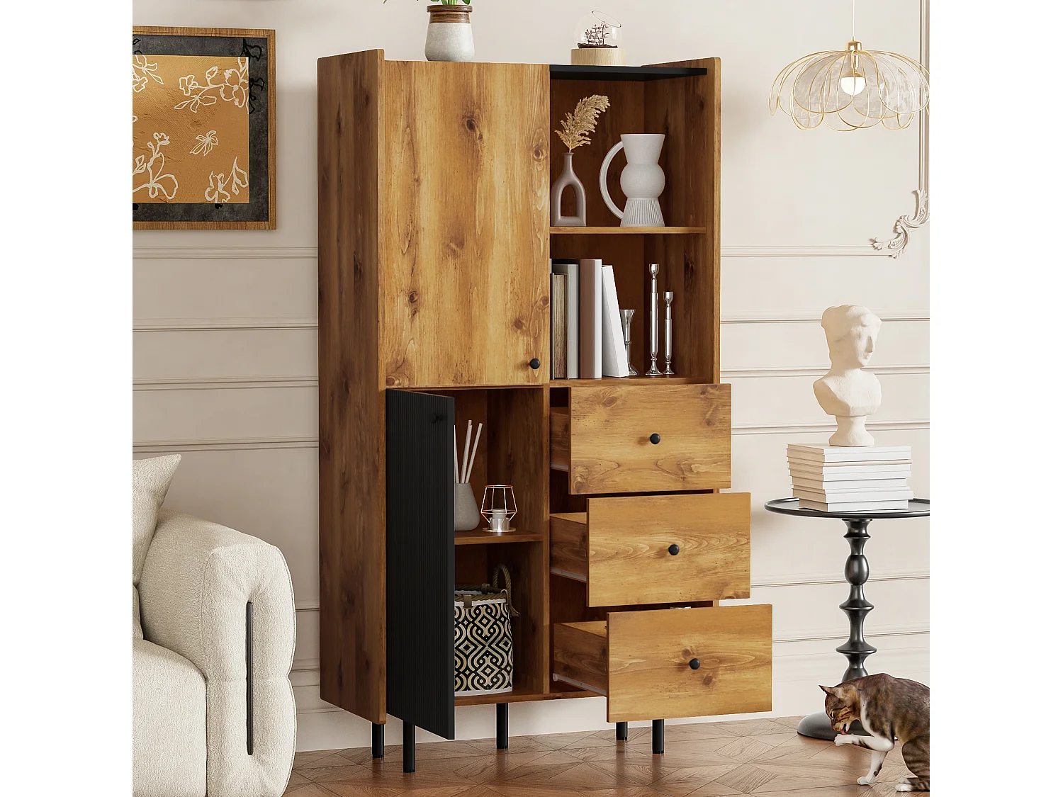 Hoog dressoir met 2 deuren en 3 lades - 83 x 40 x 160 cm - Spaanplaat en MDF - Zwart en hout