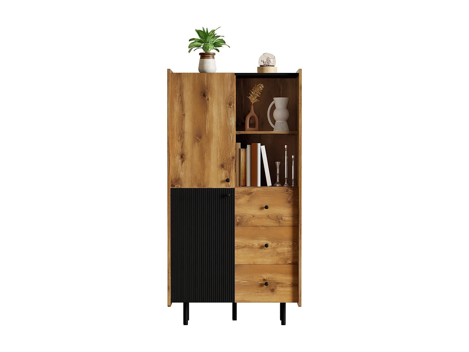Hoog dressoir met 2 deuren en 3 lades - 83 x 40 x 160 cm - Spaanplaat en MDF - Zwart en hout