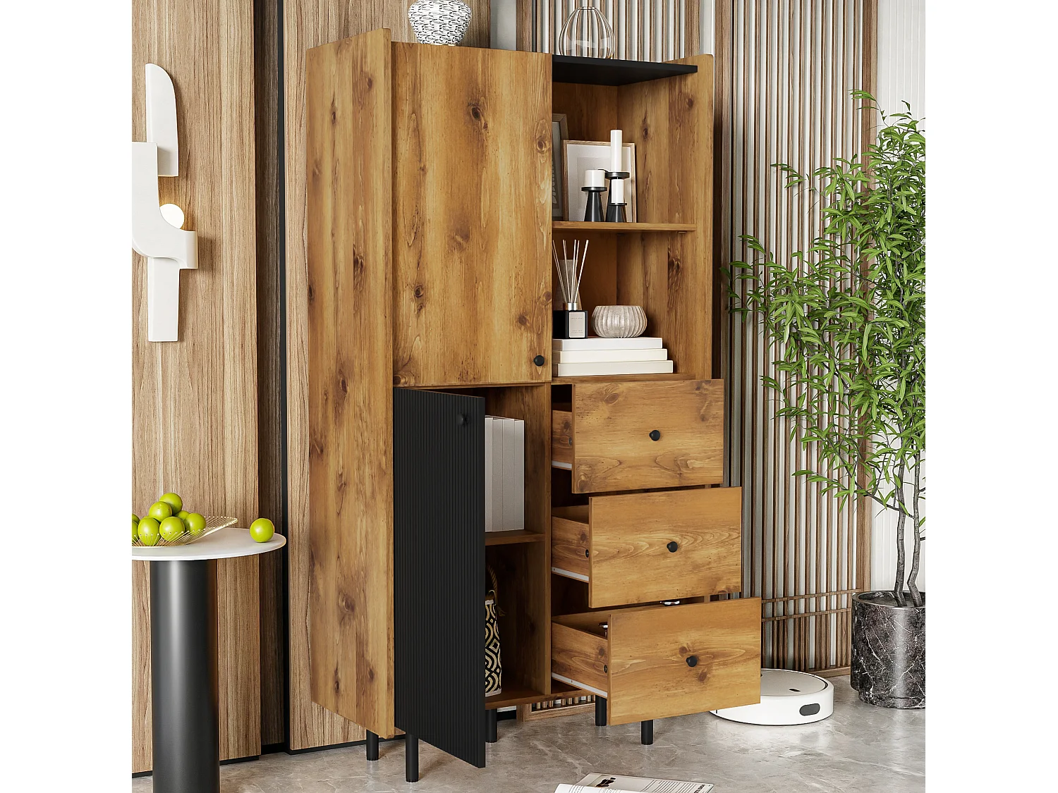 Hoog dressoir met 2 deuren en 3 lades - 83 x 40 x 160 cm - Spaanplaat en MDF - Zwart en hout