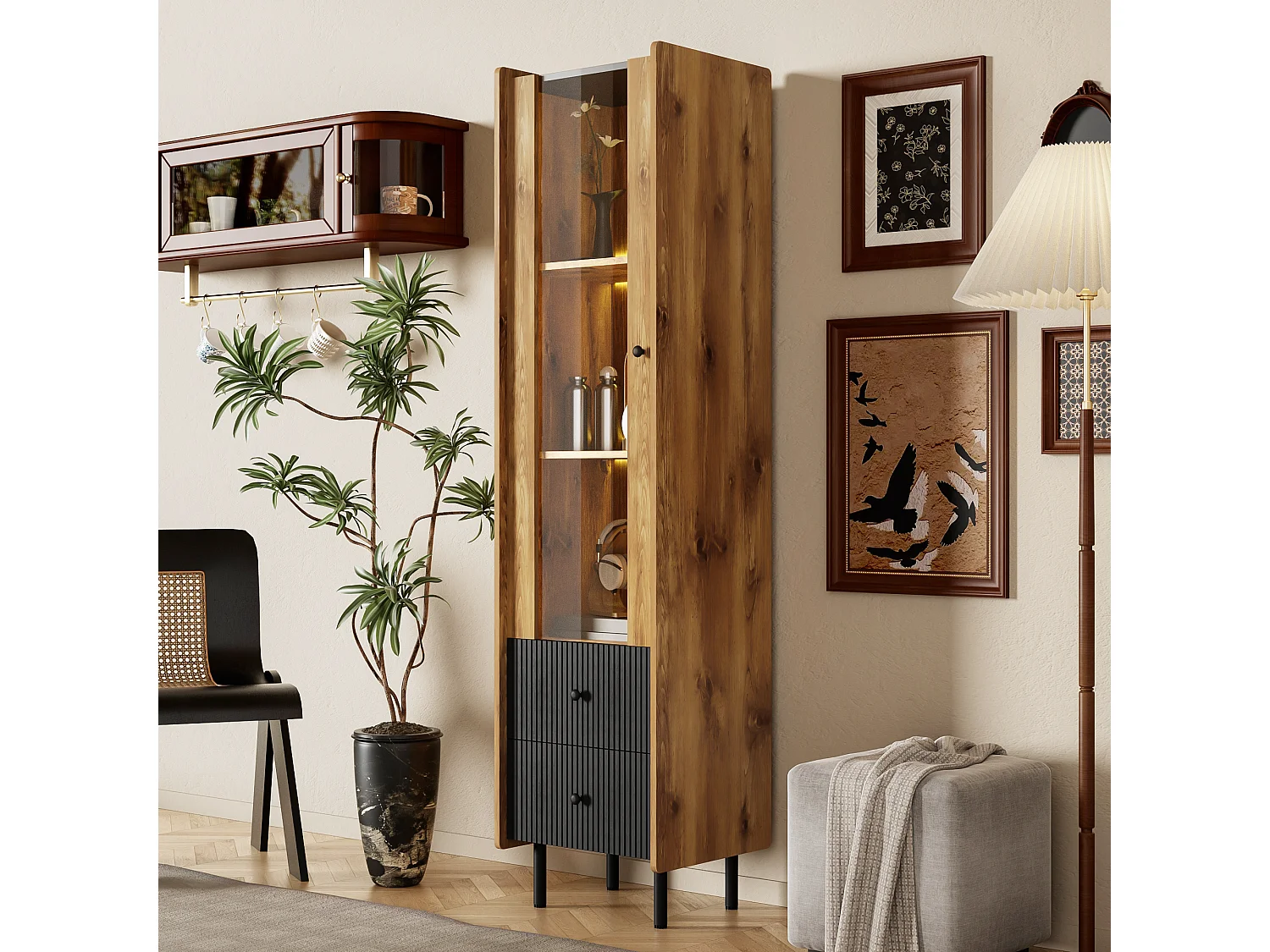 Hoog dressoir, vitrine met 2 laden en glazen deur - 180 x 44 x 40 cm - LED's - MDF en spaanplaat - Zwart en hout