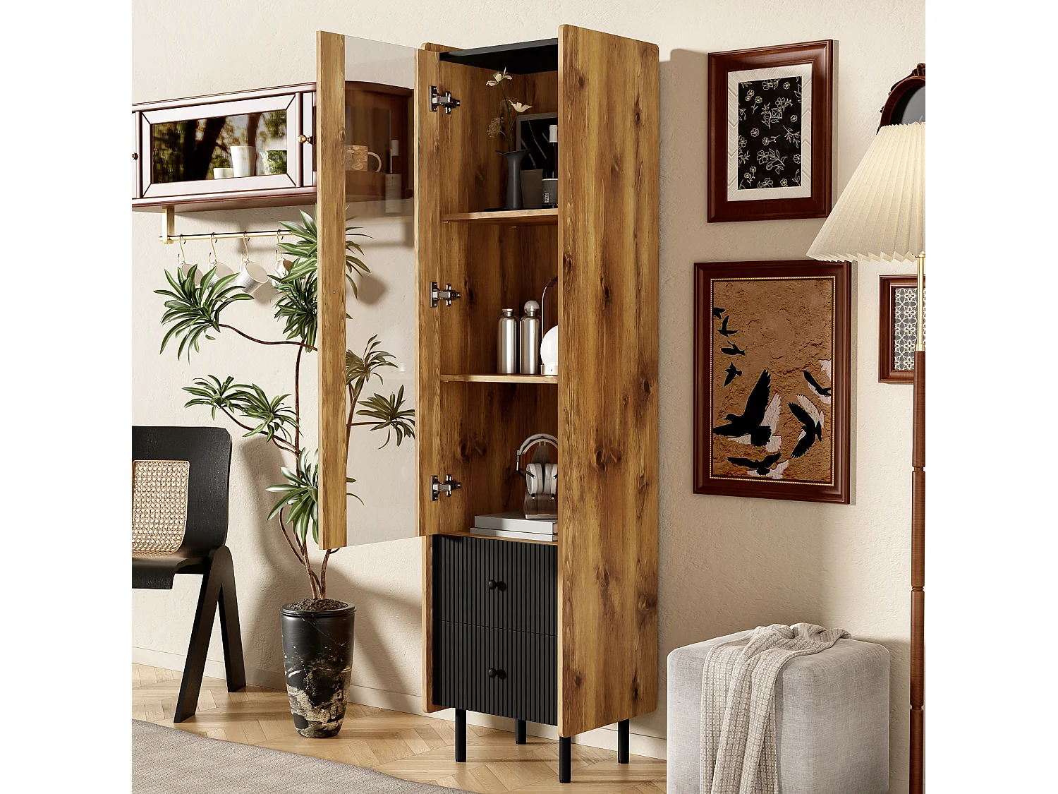 Hoog dressoir, vitrine met 2 laden en glazen deur - 180 x 44 x 40 cm - LED's - MDF en spaanplaat - Zwart en hout