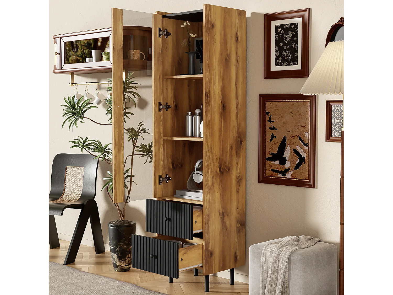 Hoog dressoir, vitrine met 2 laden en glazen deur - 180 x 44 x 40 cm - LED's - MDF en spaanplaat - Zwart en hout