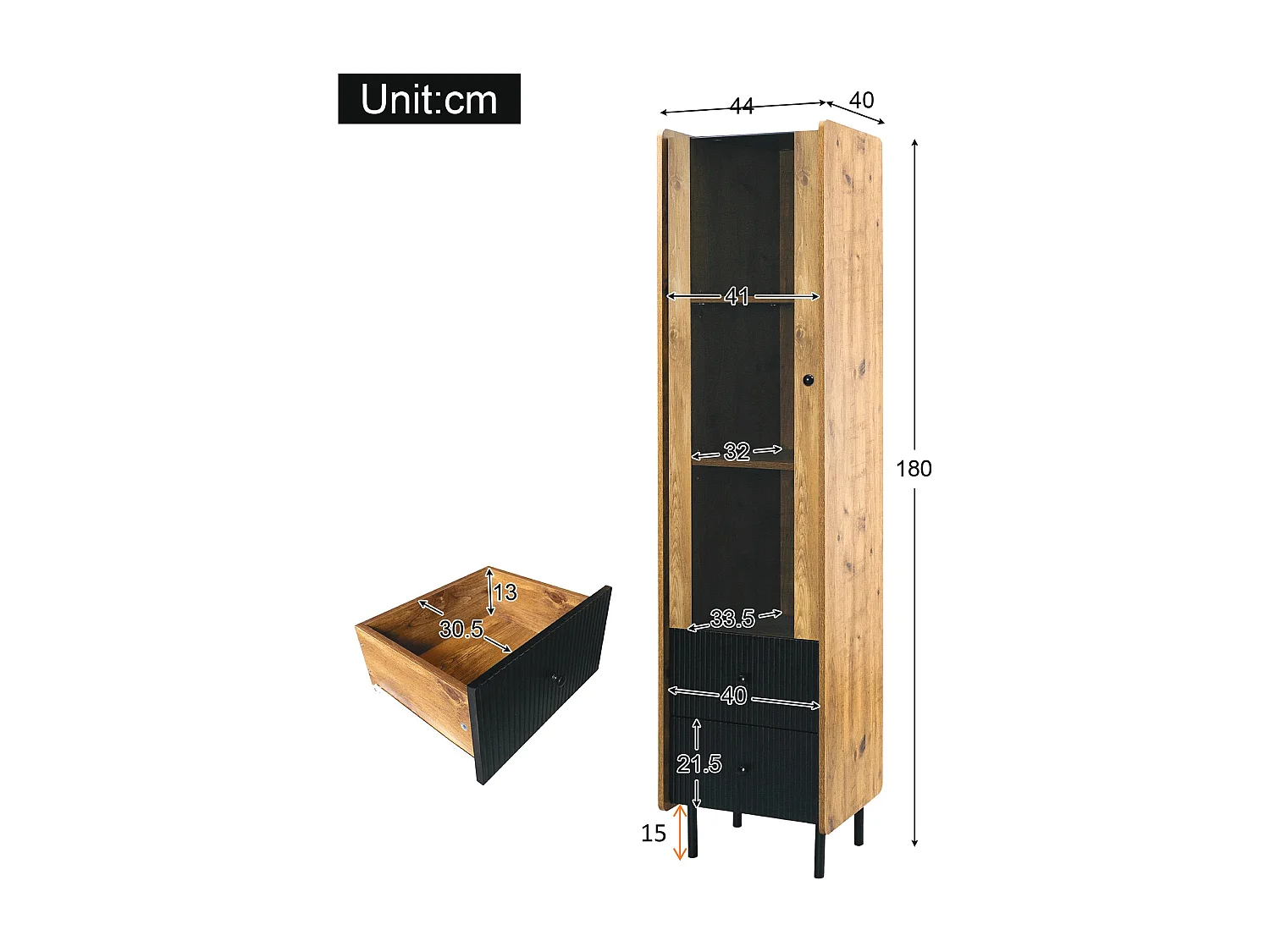 Hoog dressoir, vitrine met 2 laden en glazen deur - 180 x 44 x 40 cm - LED's - MDF en spaanplaat - Zwart en hout