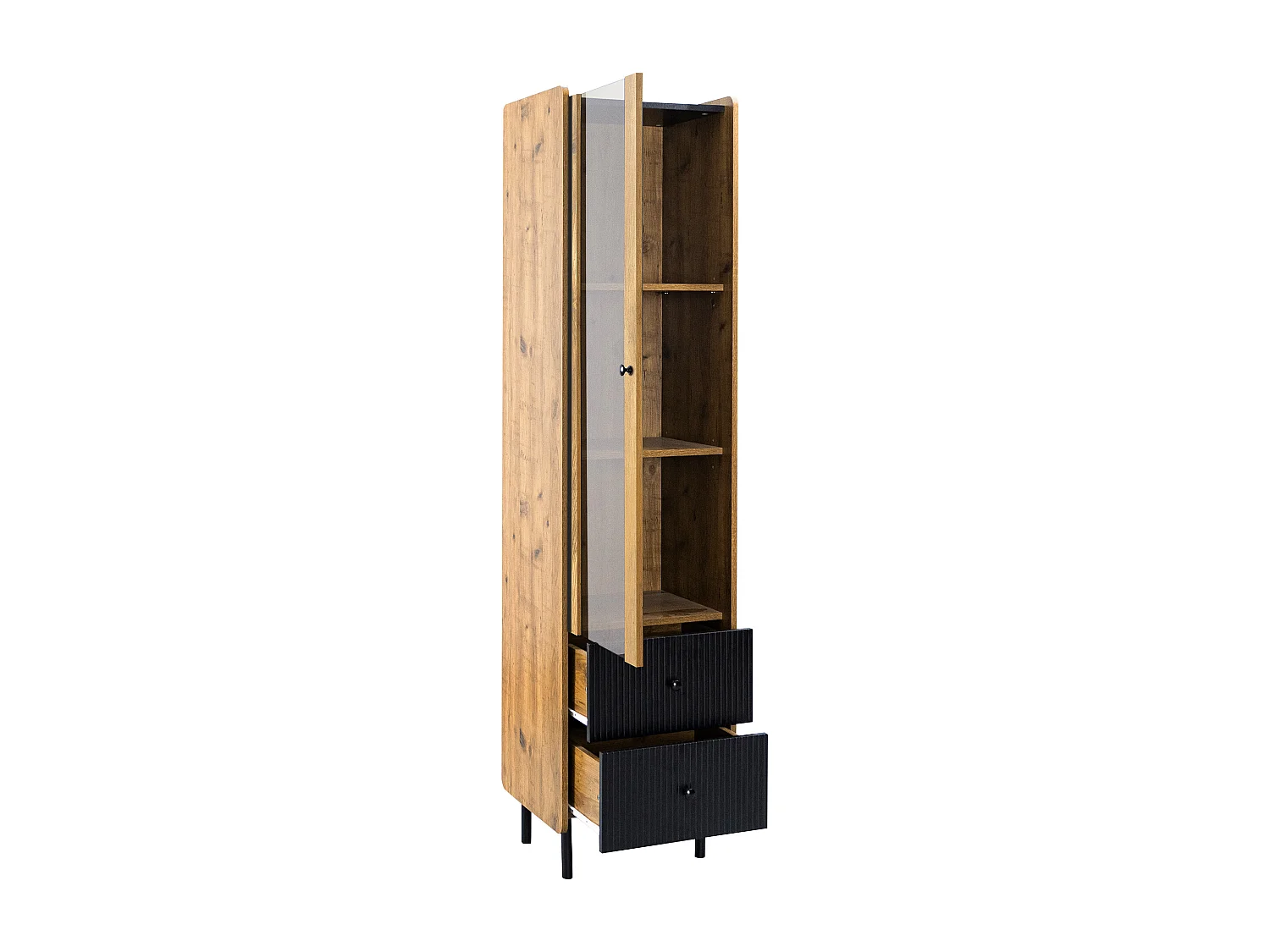 Hoog dressoir, vitrine met 2 laden en glazen deur - 180 x 44 x 40 cm - LED's - MDF en spaanplaat - Zwart en hout