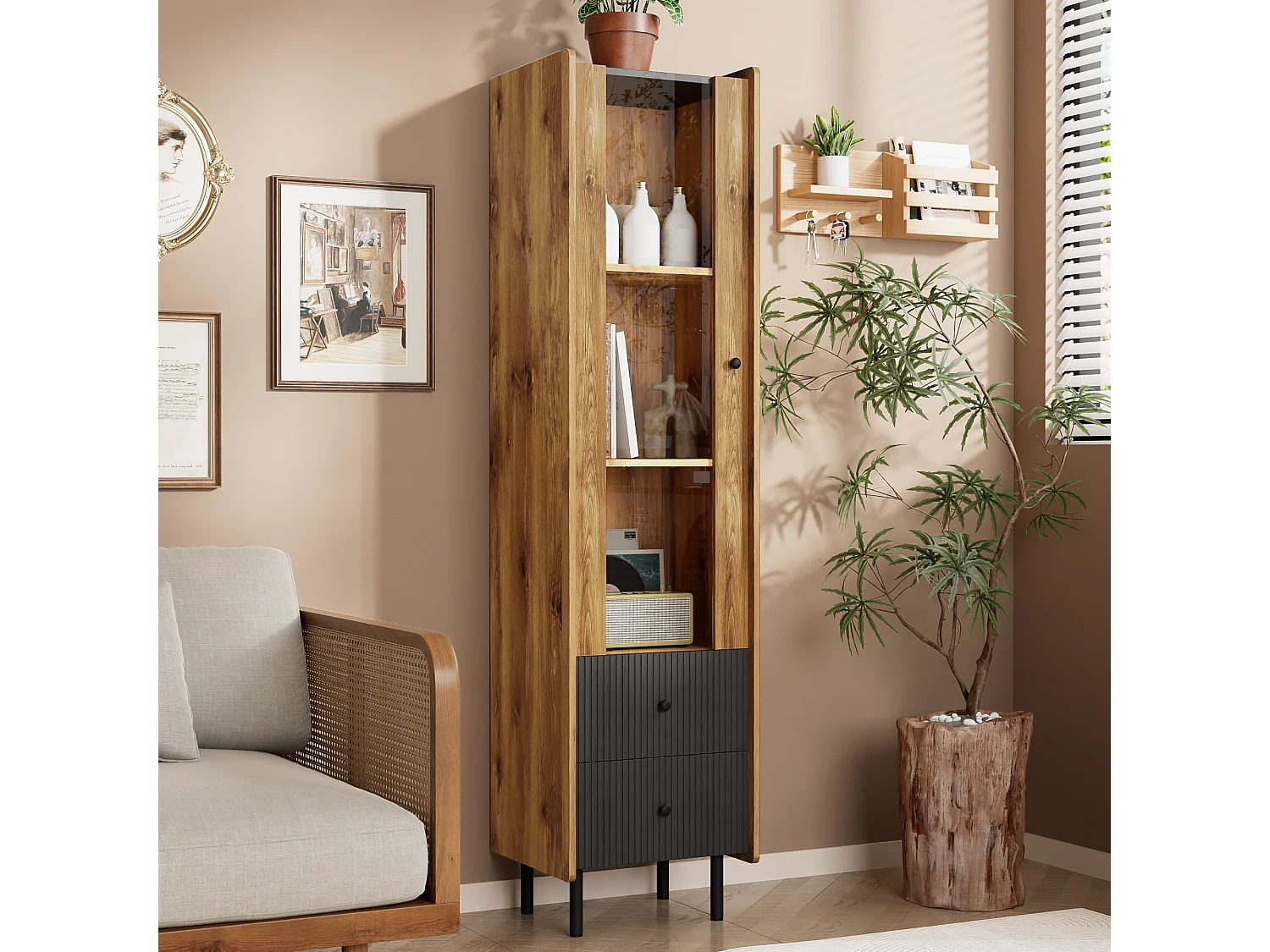 Hoog dressoir, vitrine met 2 laden en glazen deur - 180 x 44 x 40 cm - LED's - MDF en spaanplaat - Zwart en hout