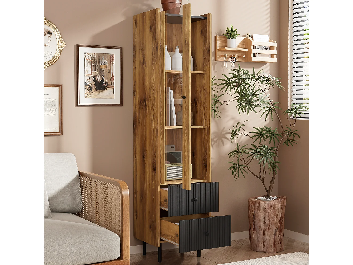 Hoog dressoir, vitrine met 2 laden en glazen deur - 180 x 44 x 40 cm - LED's - MDF en spaanplaat - Zwart en hout