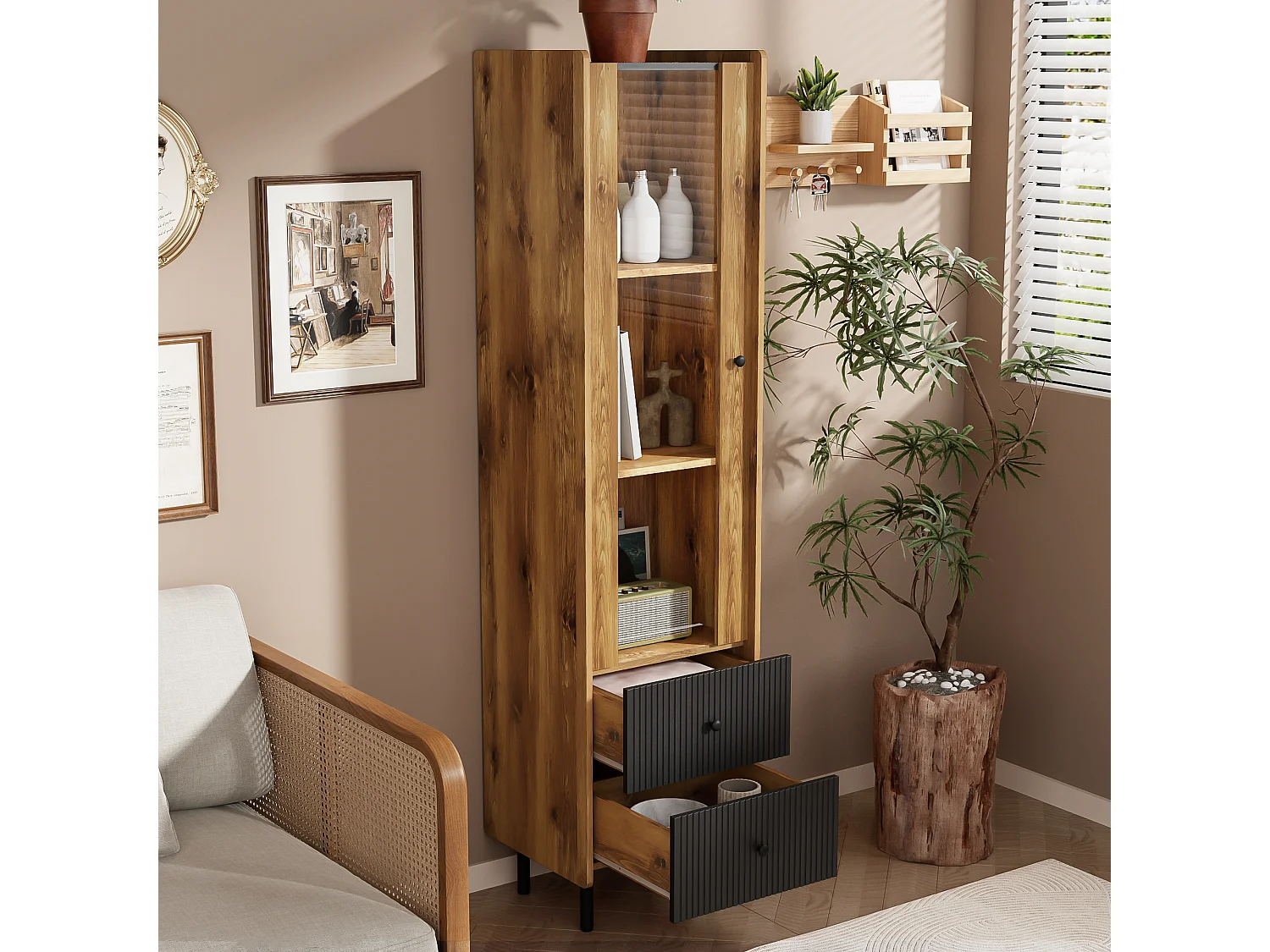 Hoog dressoir, vitrine met 2 laden en glazen deur - 180 x 44 x 40 cm - LED's - MDF en spaanplaat - Zwart en hout