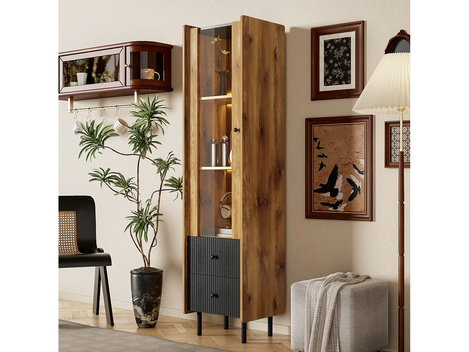 Hoog dressoir, vitrine met 2 laden en glazen deur - 180 x 44 x 40 cm - LED's - MDF en spaanplaat - Zwart en hout