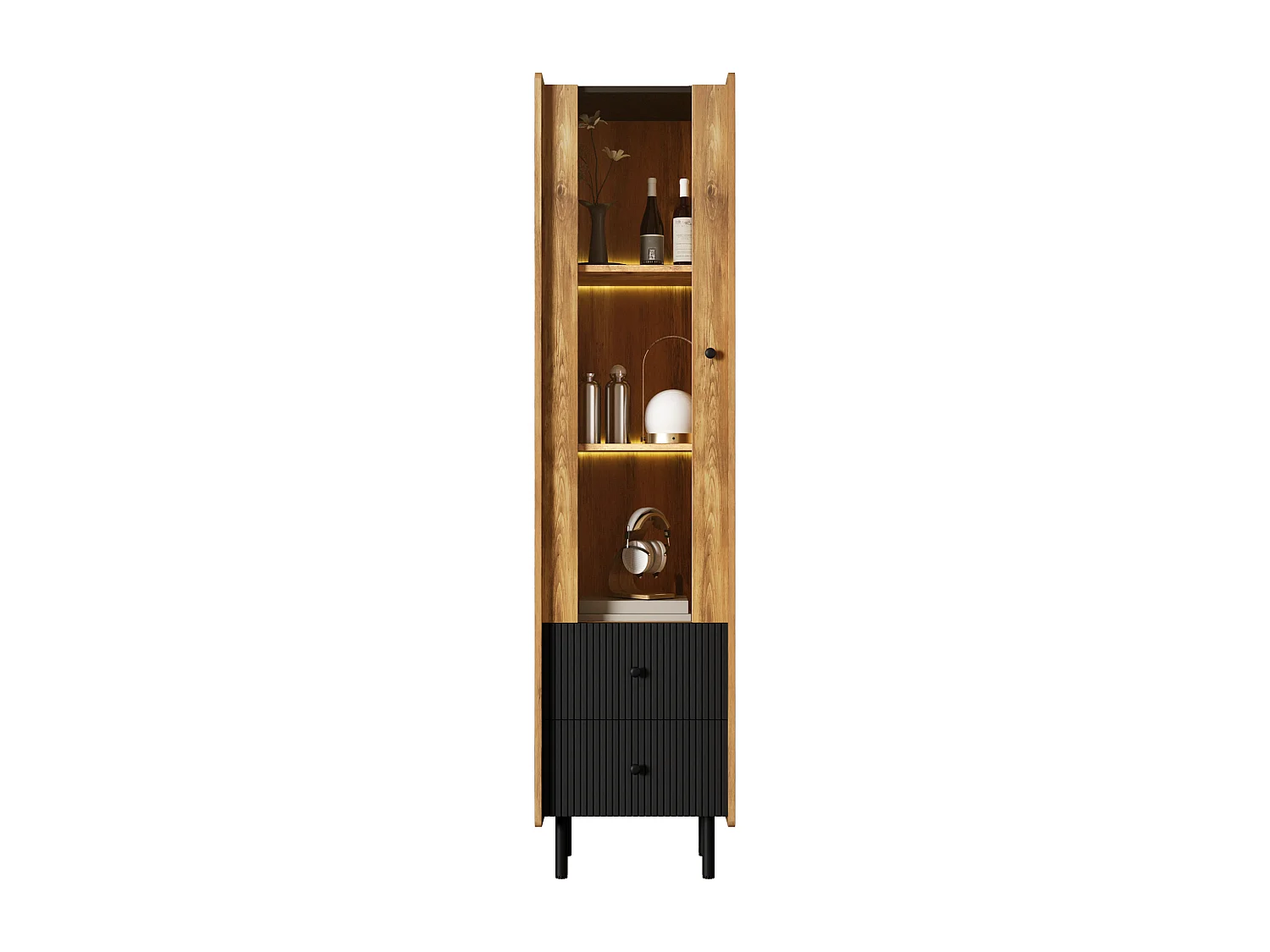 Hoog dressoir, vitrine met 2 laden en glazen deur - 180 x 44 x 40 cm - LED's - MDF en spaanplaat - Zwart en hout