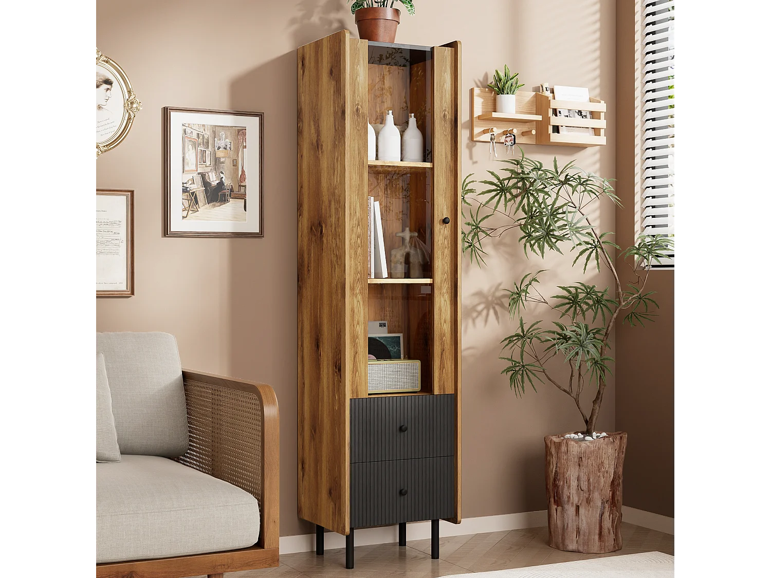 Hoog dressoir, vitrine met 2 laden en glazen deur - 180 x 44 x 40 cm - LED's - MDF en spaanplaat - Zwart en hout