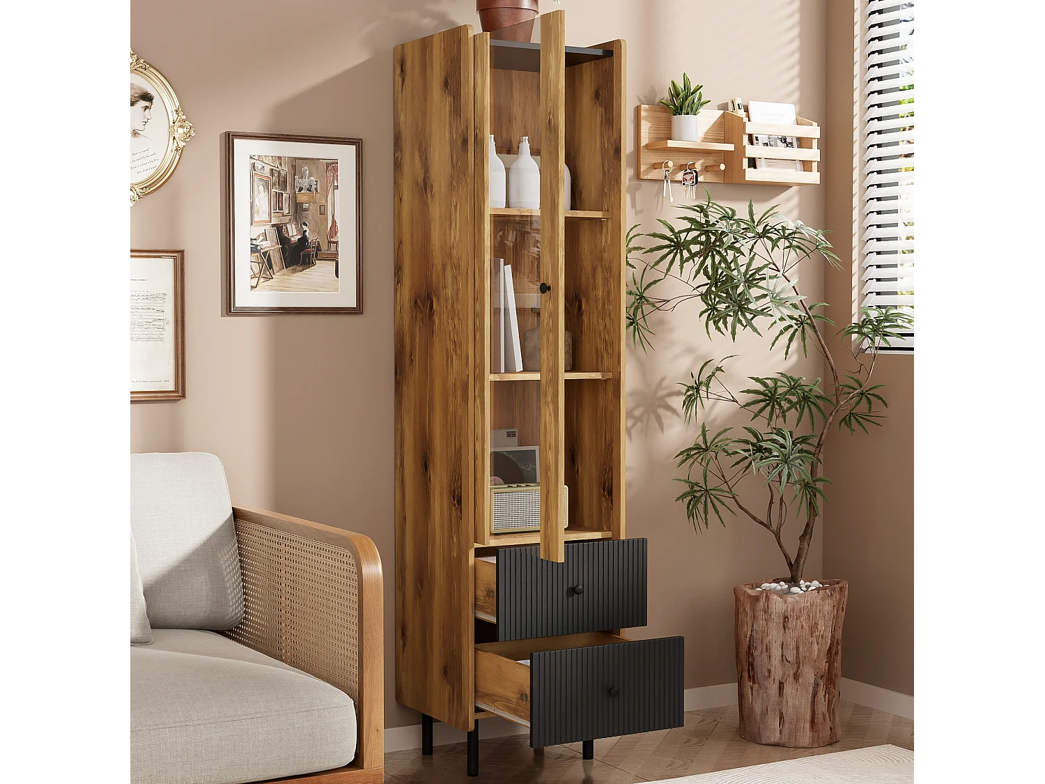 Hoog dressoir, vitrine met 2 laden en glazen deur - 180 x 44 x 40 cm - LED's - MDF en spaanplaat - Zwart en hout