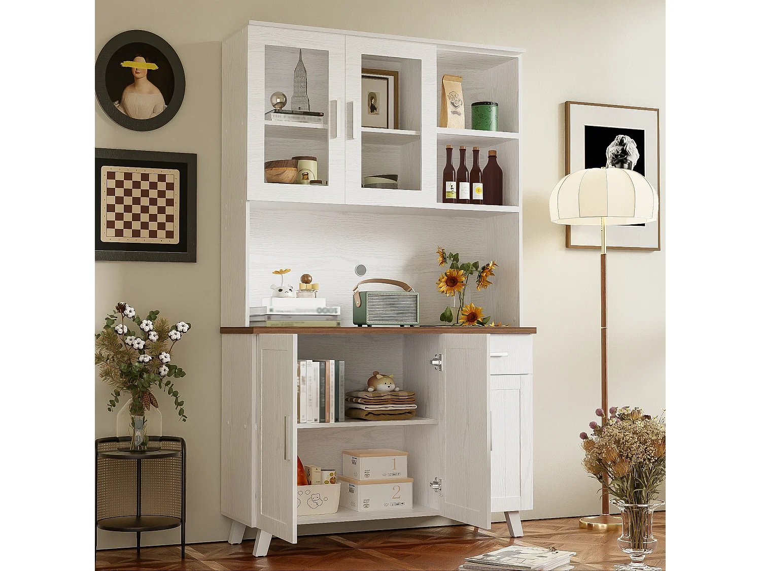 Hohes Sideboard mit 5 Türen, 1 Schublade und offenen Fächern – 114 x 40 x 190 cm – Spanplatte – Weiß