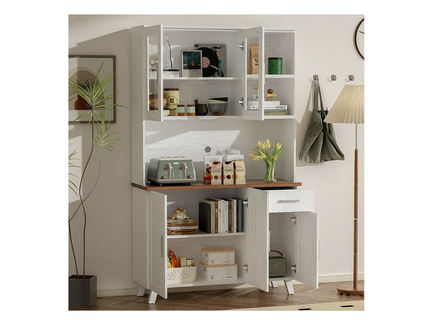 Buffet haut avec 5 portes, 1 tiroir et compartiments ouverts - 114 x 40 x 190 cm - Panneaux de particules - Blanc