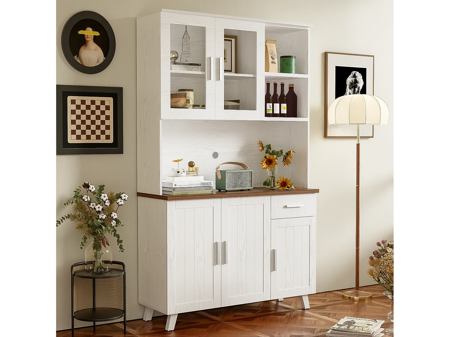 Hoog dressoir met 5 deuren, 1 lade en open vakken - 114 x 40 x 190 cm - Spaanplaat - Wit