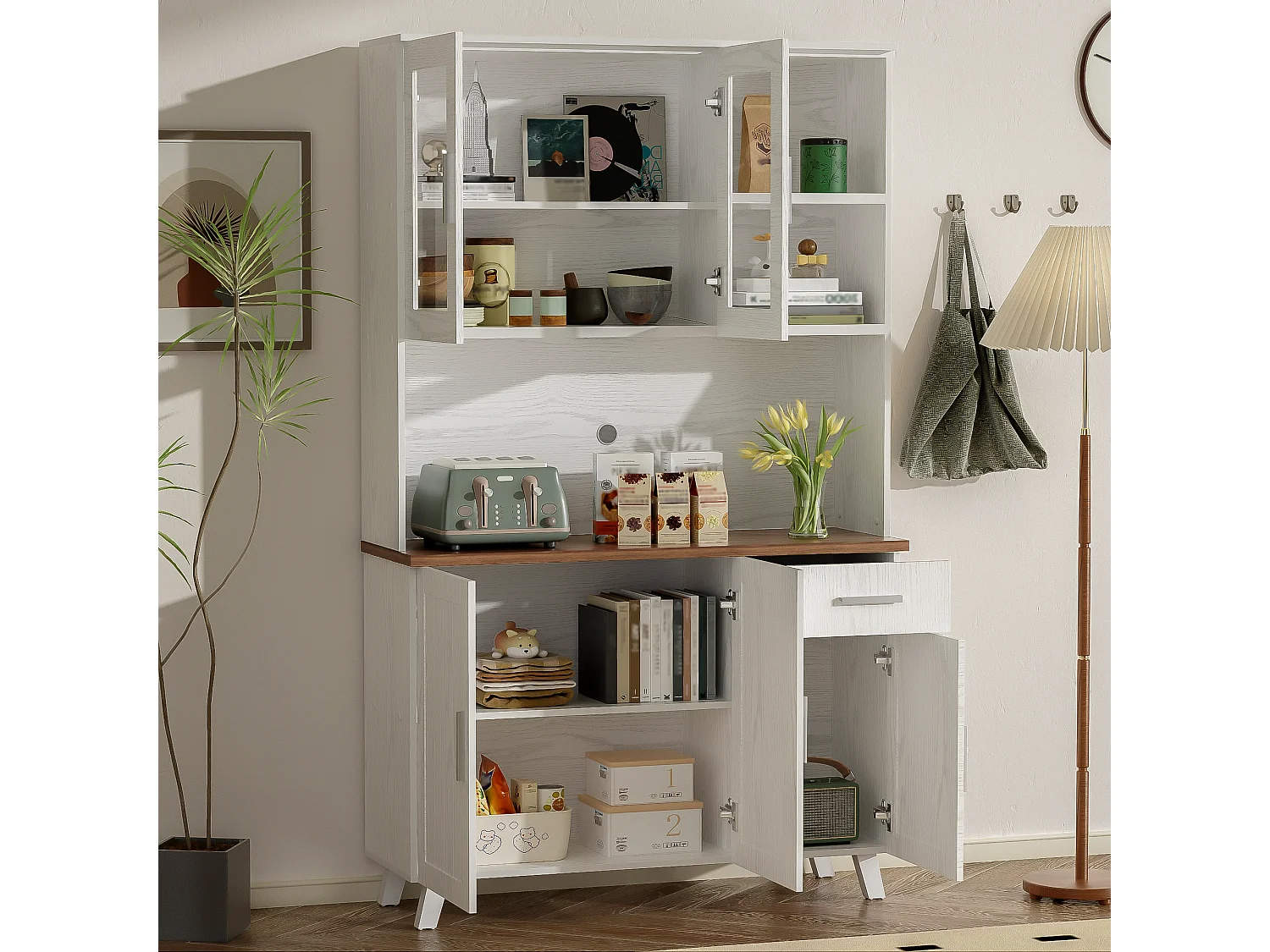 Hoog dressoir met 5 deuren, 1 lade en open vakken - 114 x 40 x 190 cm - Spaanplaat - Wit