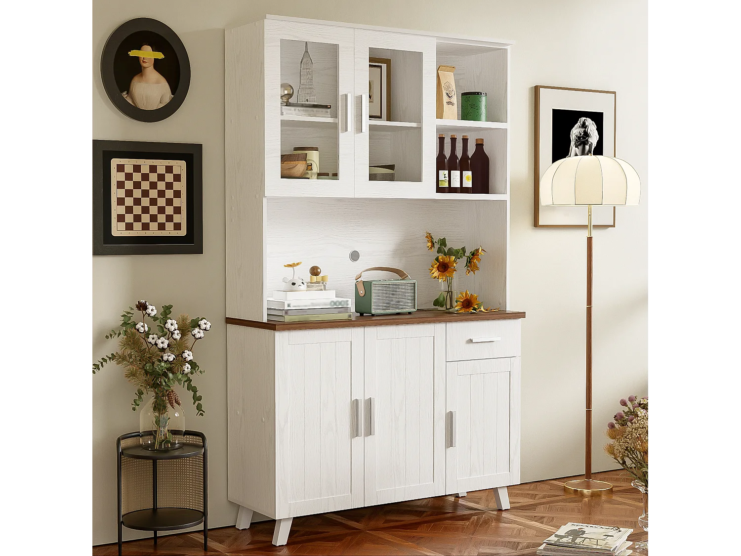 Hoog dressoir met 5 deuren, 1 lade en open vakken - 114 x 40 x 190 cm - Spaanplaat - Wit