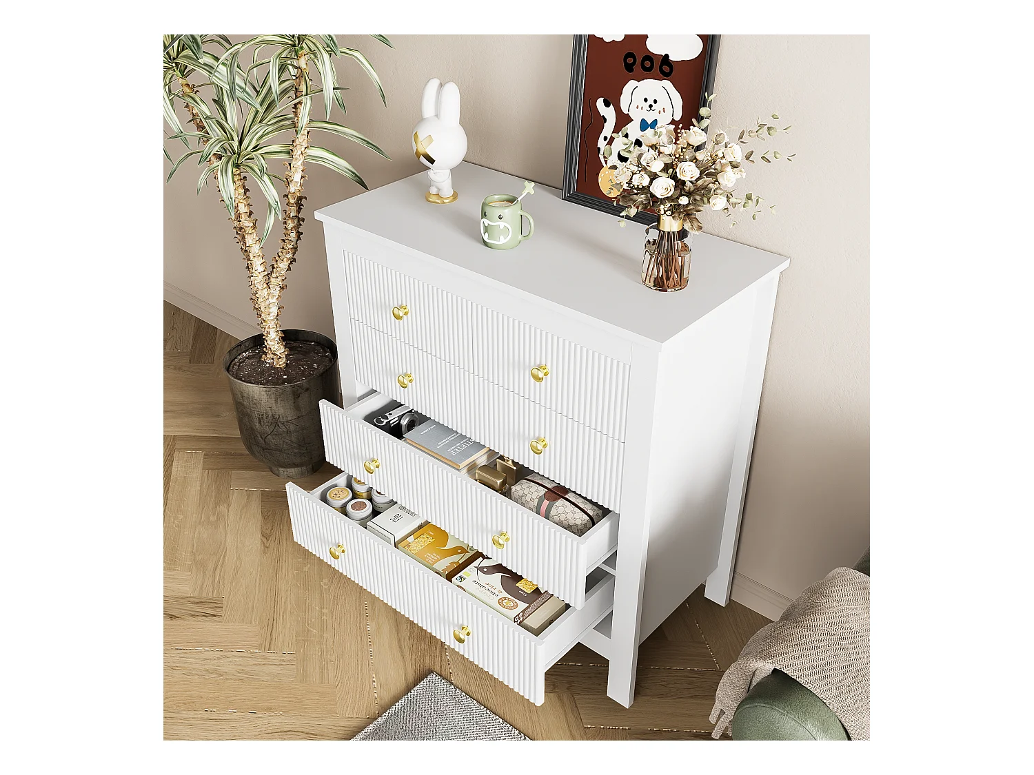Commode avec 5 tiroirs - 79 x 80.5 x 39.5 cm - Panneaux de particules - pour salon, chambre - Couleur blanc