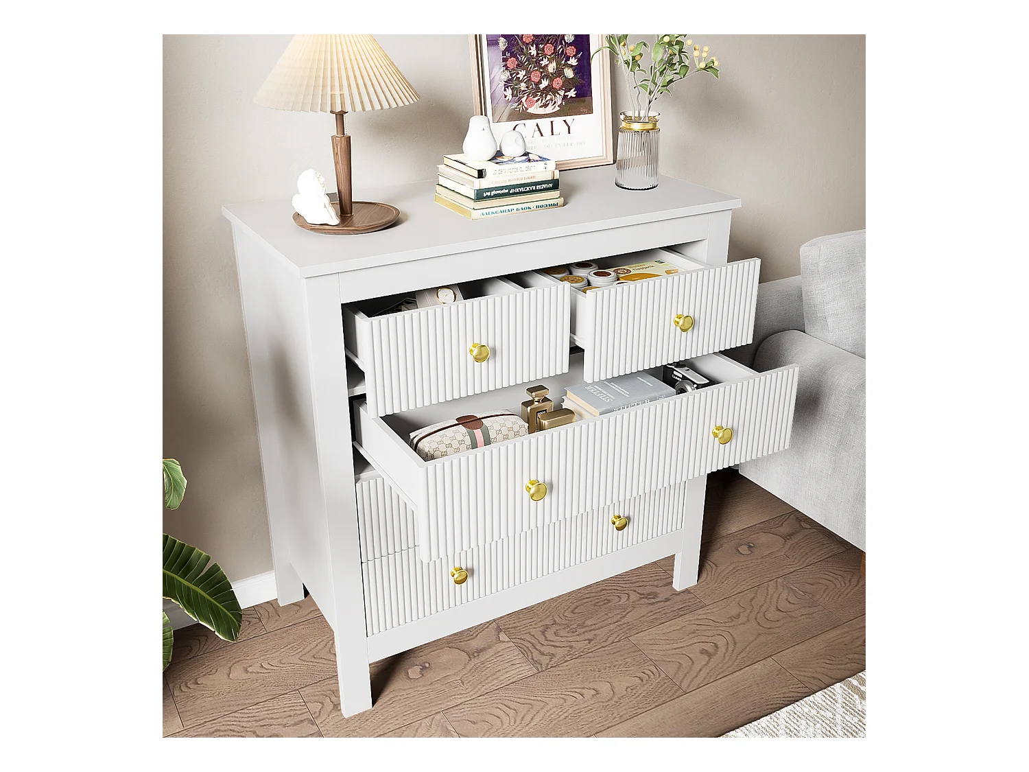 Commode avec 5 tiroirs - 79 x 80.5 x 39.5 cm - Panneaux de particules - pour salon, chambre - Couleur blanc