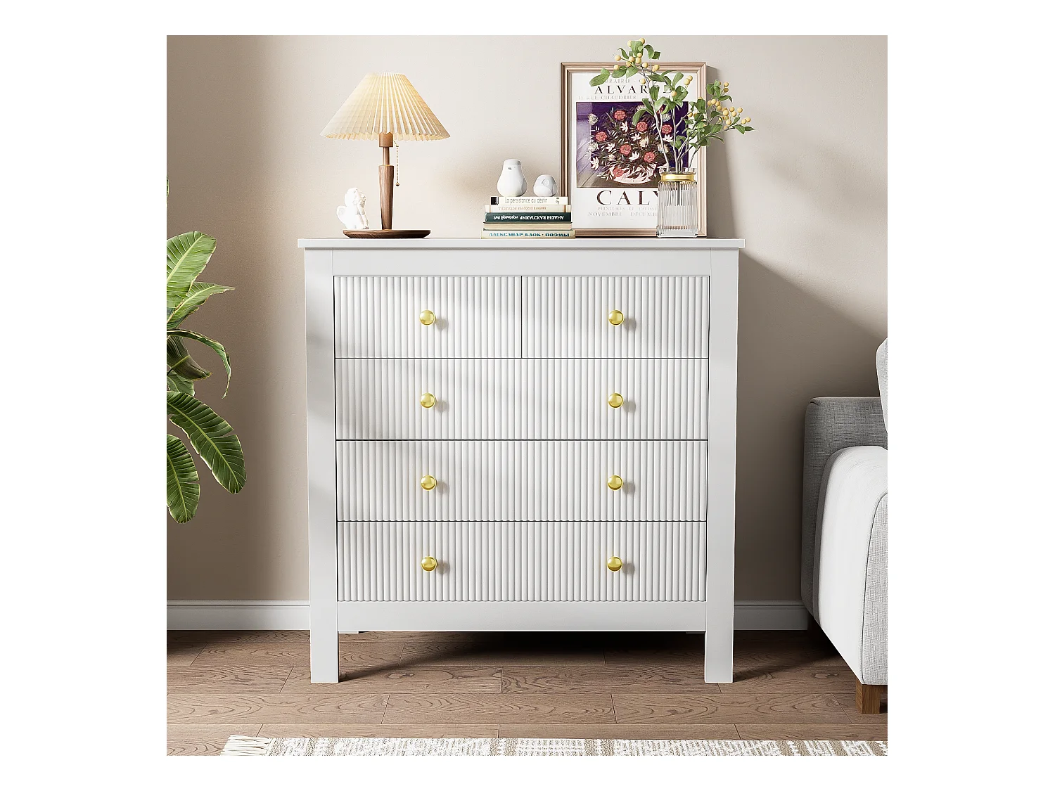 Commode avec 5 tiroirs - 79 x 80.5 x 39.5 cm - Panneaux de particules - pour salon, chambre - Couleur blanc