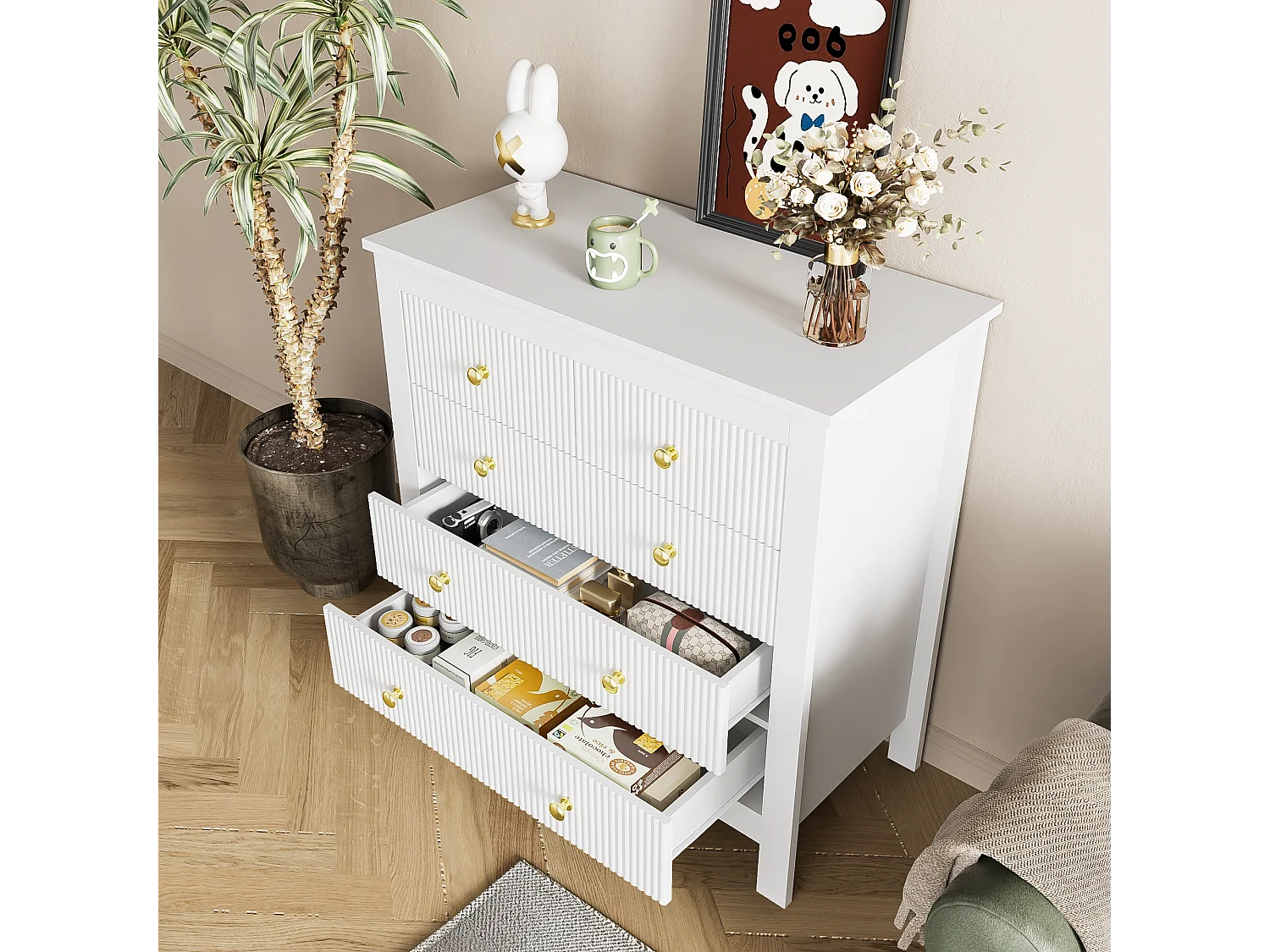 Commode avec 5 tiroirs - 79 x 80.5 x 39.5 cm - Panneaux de particules - pour salon, chambre - Couleur blanc