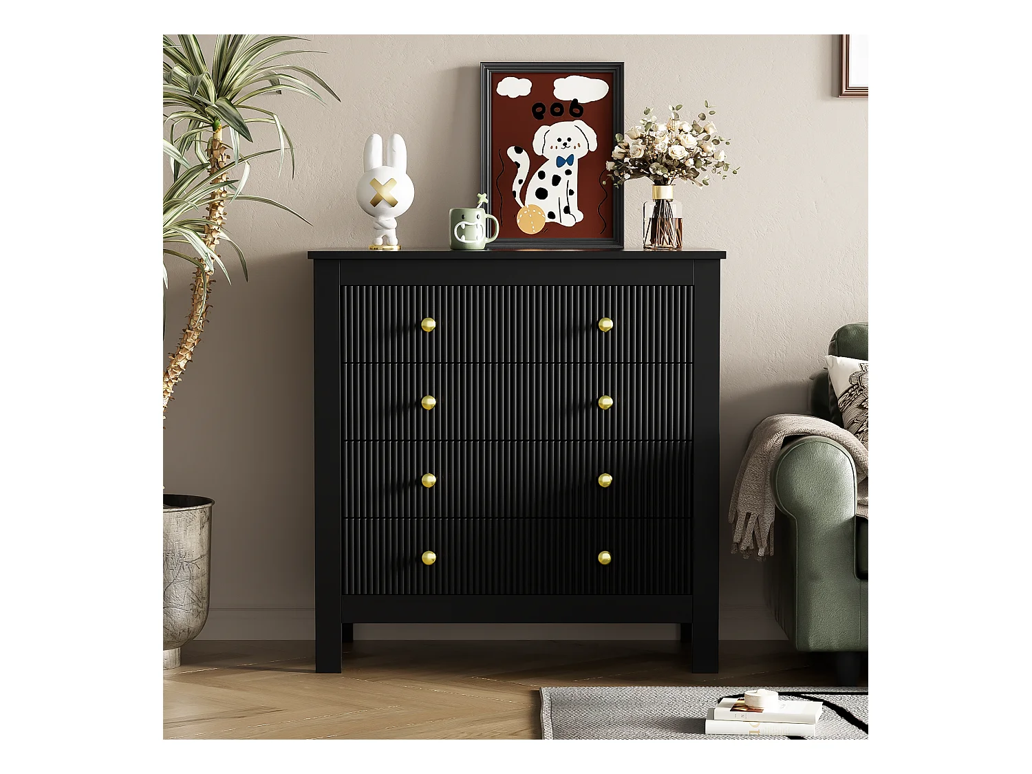 Commode avec 5 tiroirs - 79 x 80.5 x 39.5 cm - Panneaux de particules - pour salon, chambre - Couleur noir