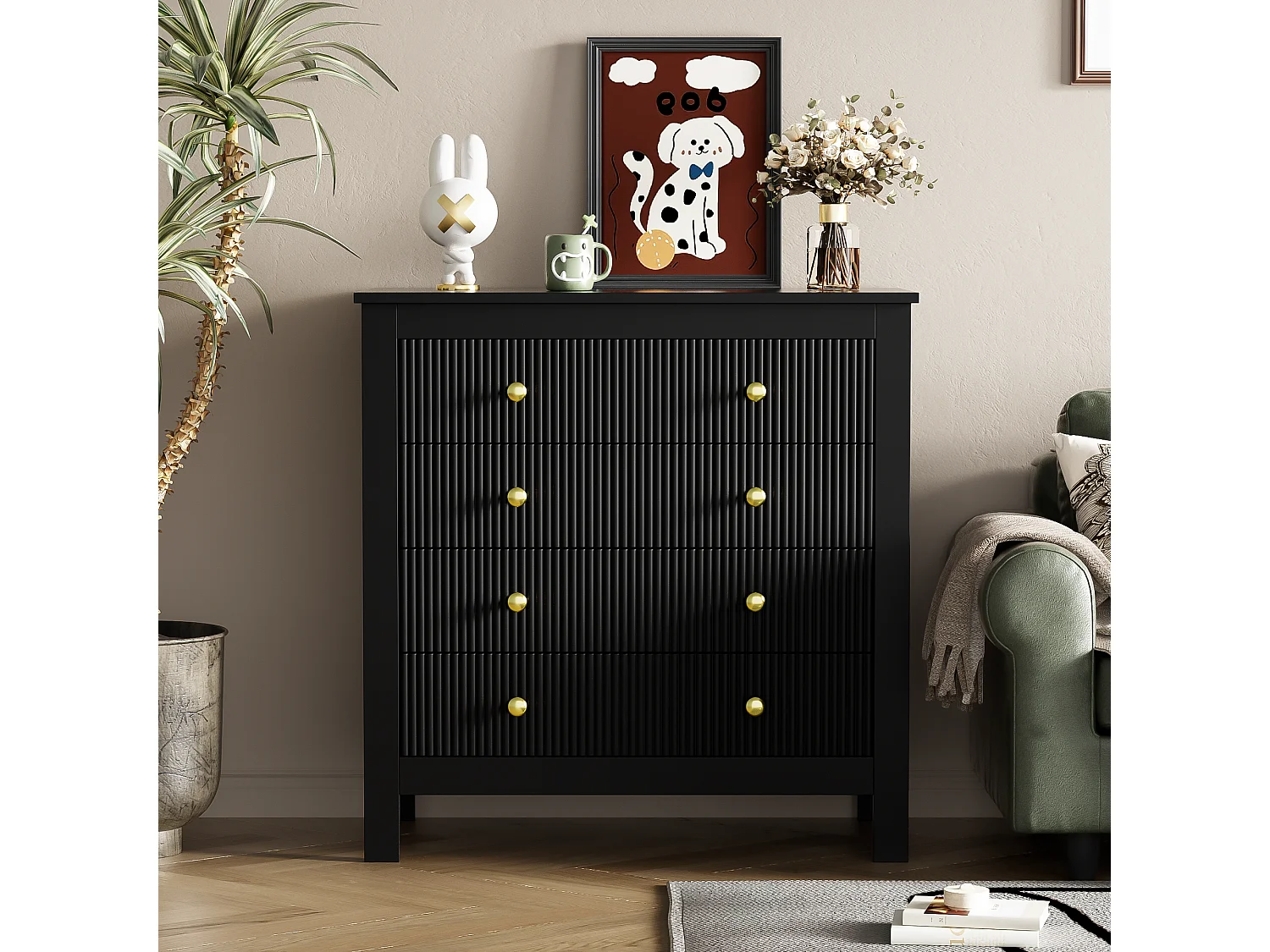 Commode avec 5 tiroirs - 79 x 80.5 x 39.5 cm - Panneaux de particules - pour salon, chambre - Couleur noir
