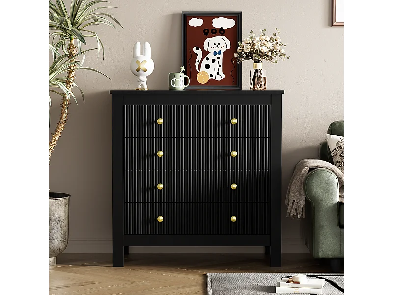 Commode avec 5 tiroirs - 79 x 80.5 x 39.5 cm - Panneaux de particules - pour salon, chambre - Couleur noir