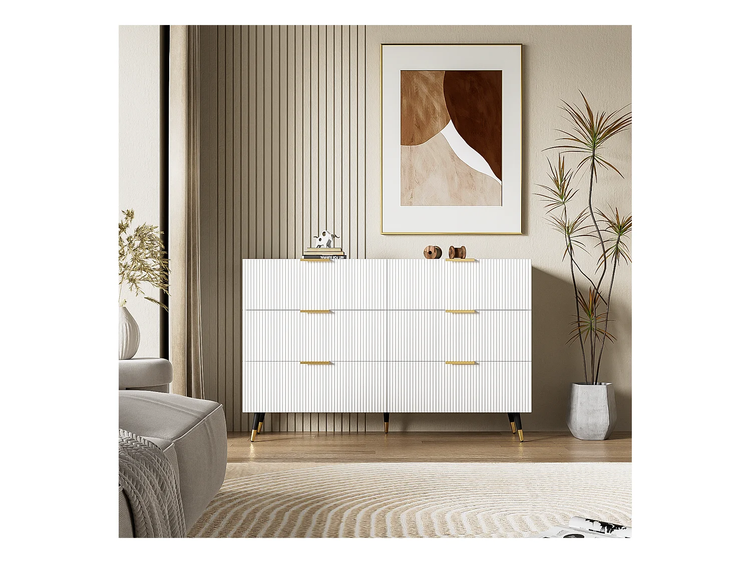 Kommode mit 6 Schubladen – 120 x 40 x 77 cm – Spanplatte – für Wohnzimmer, Schlafzimmer – Farbe Weiß