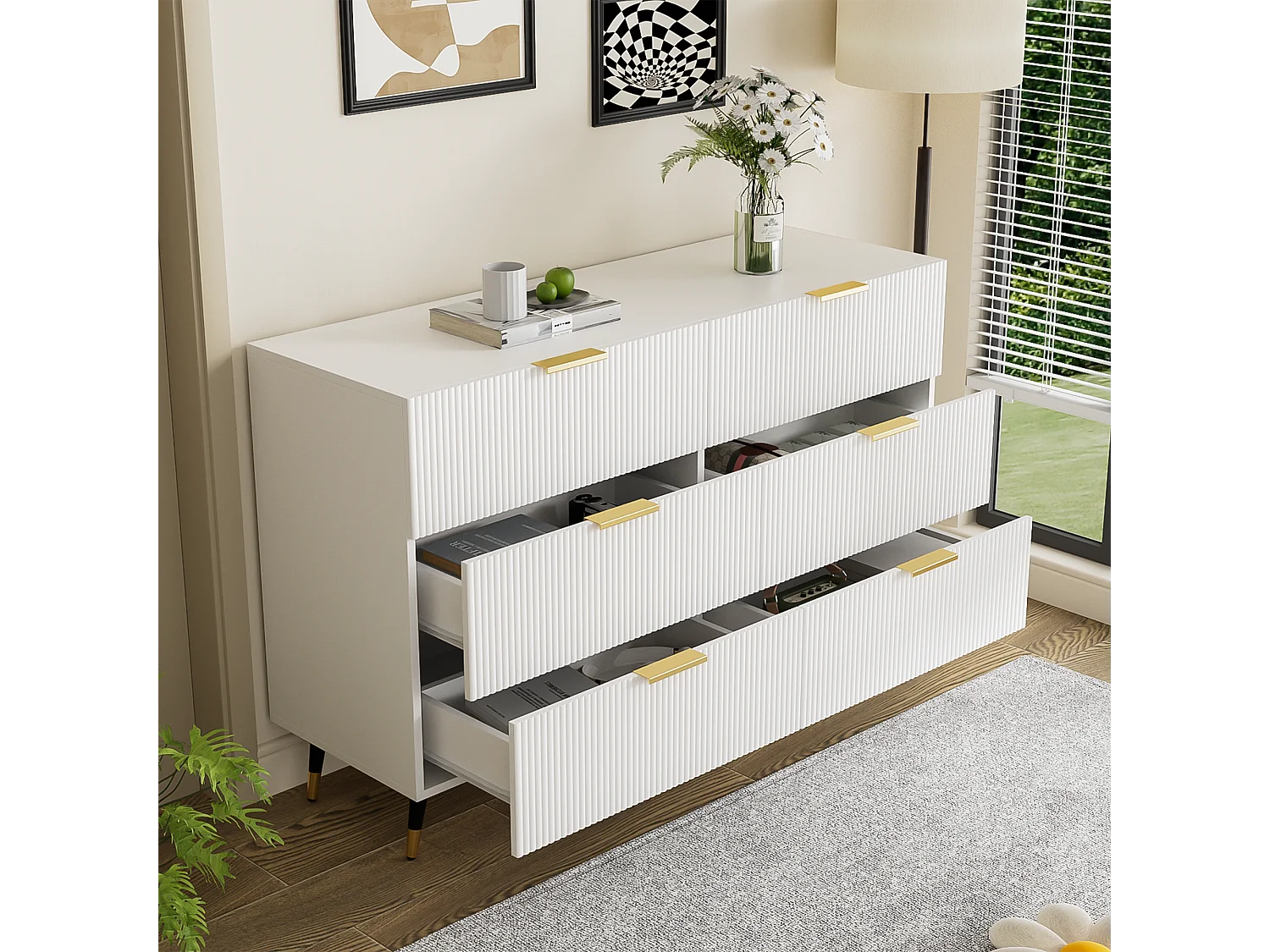 Commode avec 6 tiroirs - 120 x 40 x 77 cm - Panneaux de particules - pour salon, chambre - Couleur blanc