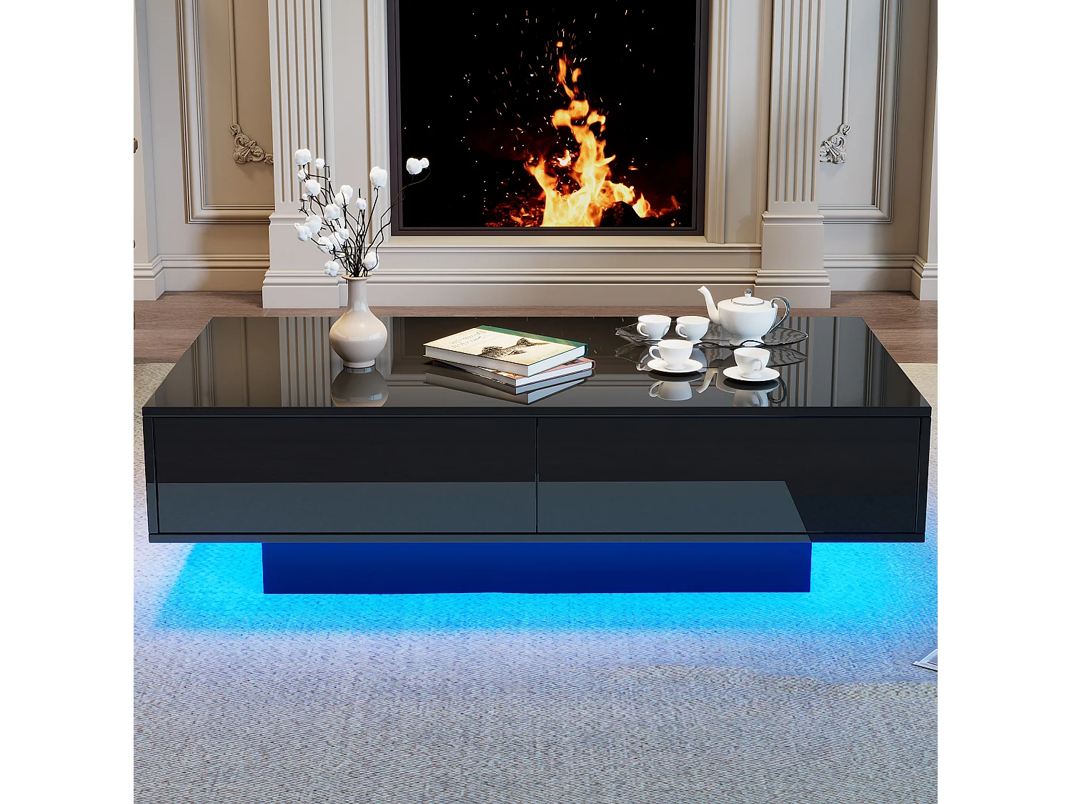 Salontafel met 2 lades - 115 x 55 x 34 cm - LED's - Spaanplaat - Glanzend zwart