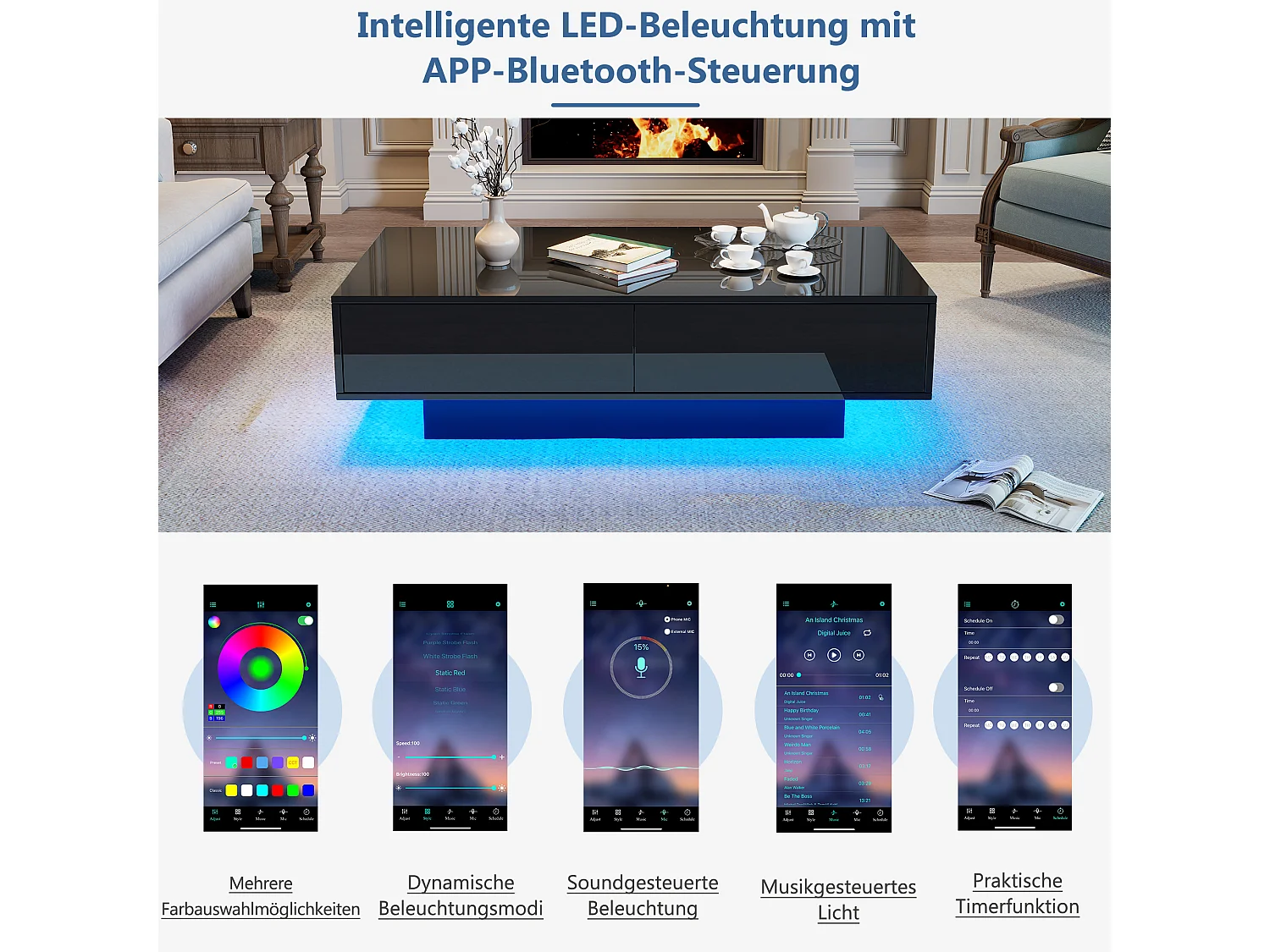 Salontafel met 2 lades - 115 x 55 x 34 cm - LED's - Spaanplaat - Glanzend zwart