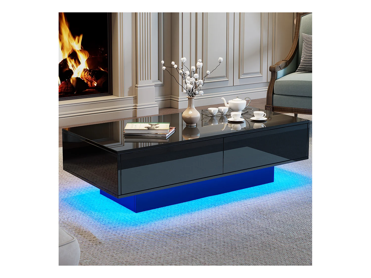 Table basse avec 2 tiroirs - 115 x 55 x 34 cm - LEDs - Panneaux de particules - Noire brillant