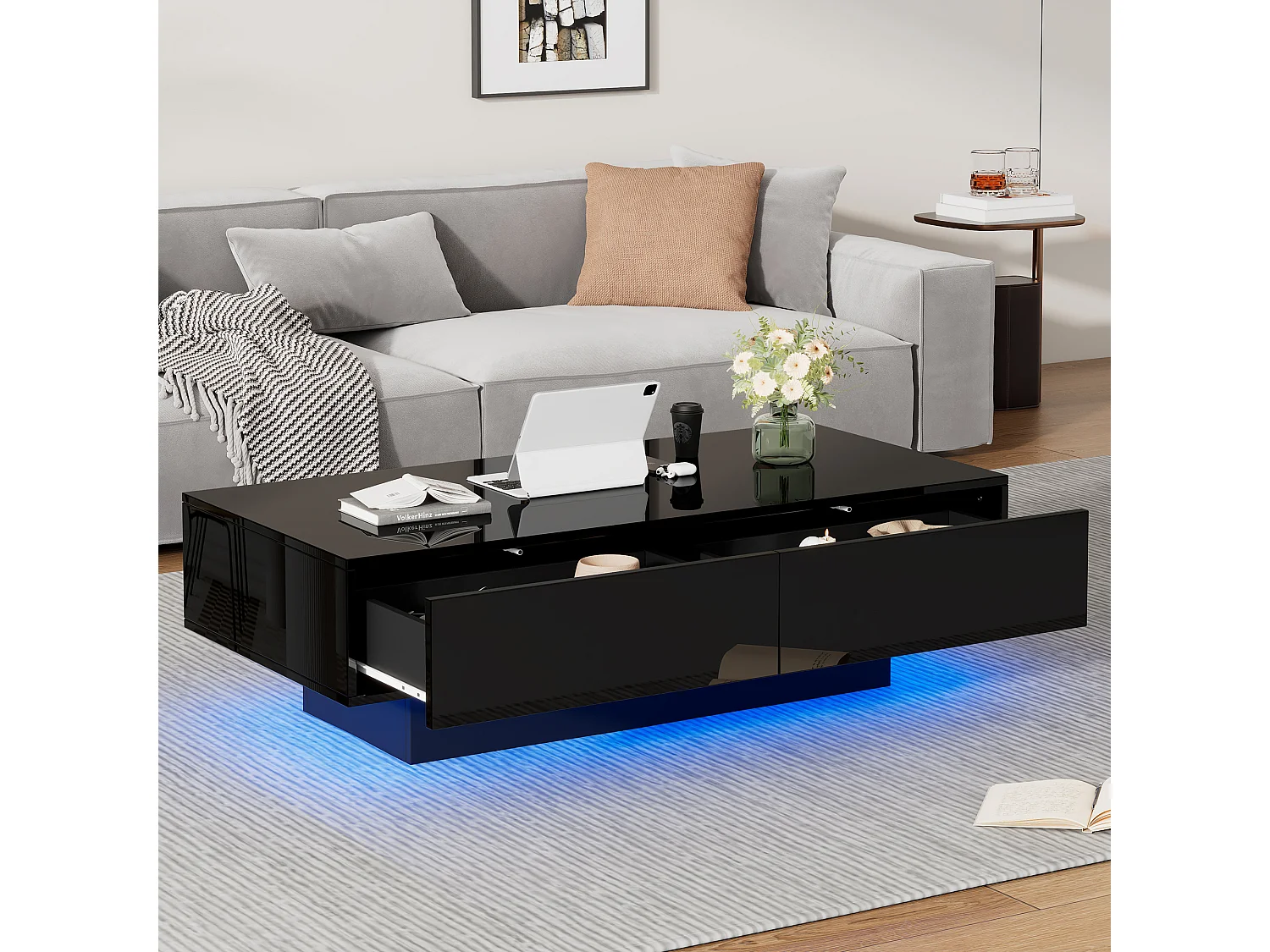 Tavolino con 2 cassetti - 115 x 55 x 34 cm - LED - Truciolare - Nero lucido