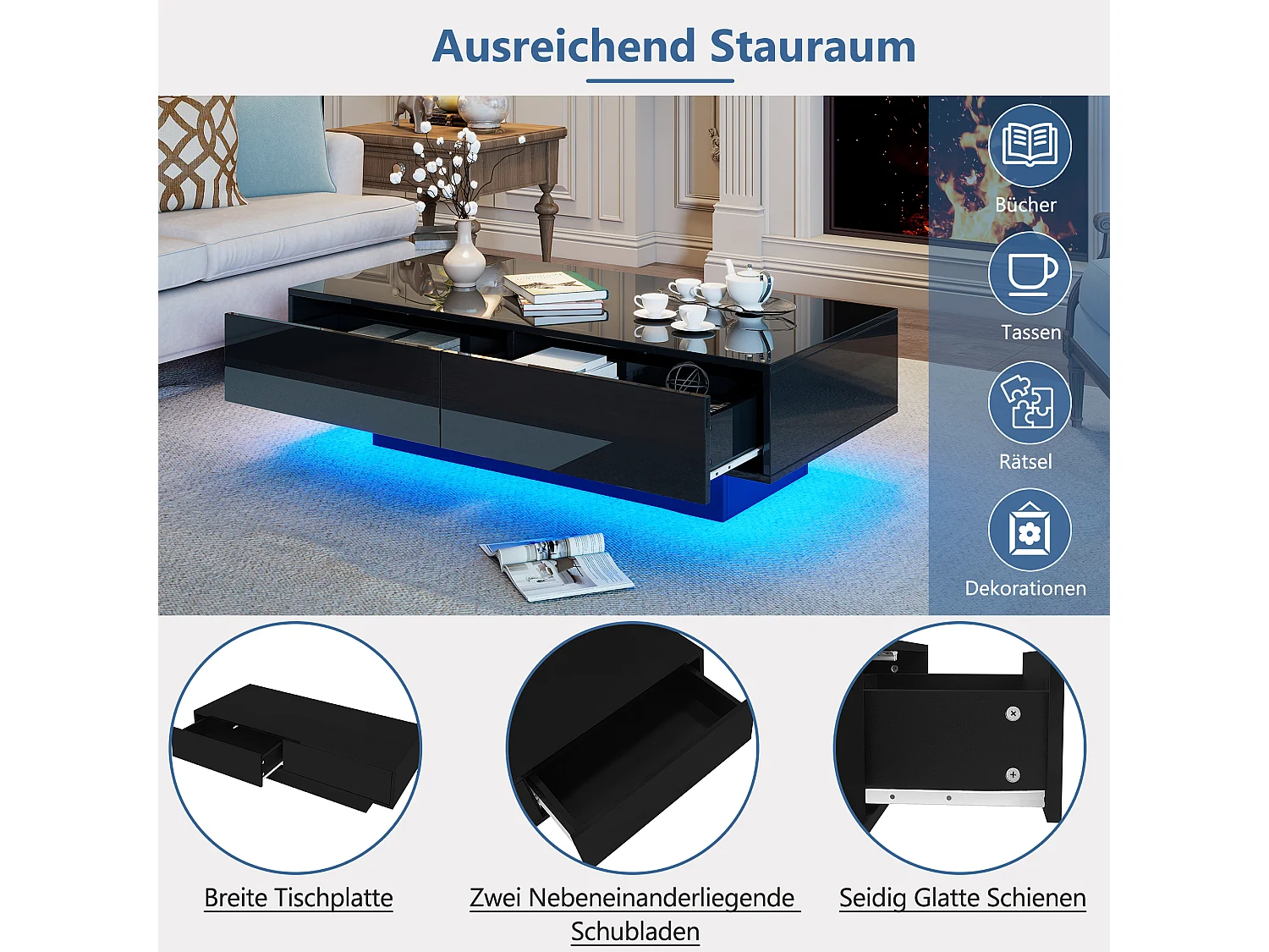 Tavolino con 2 cassetti - 115 x 55 x 34 cm - LED - Truciolare - Nero lucido