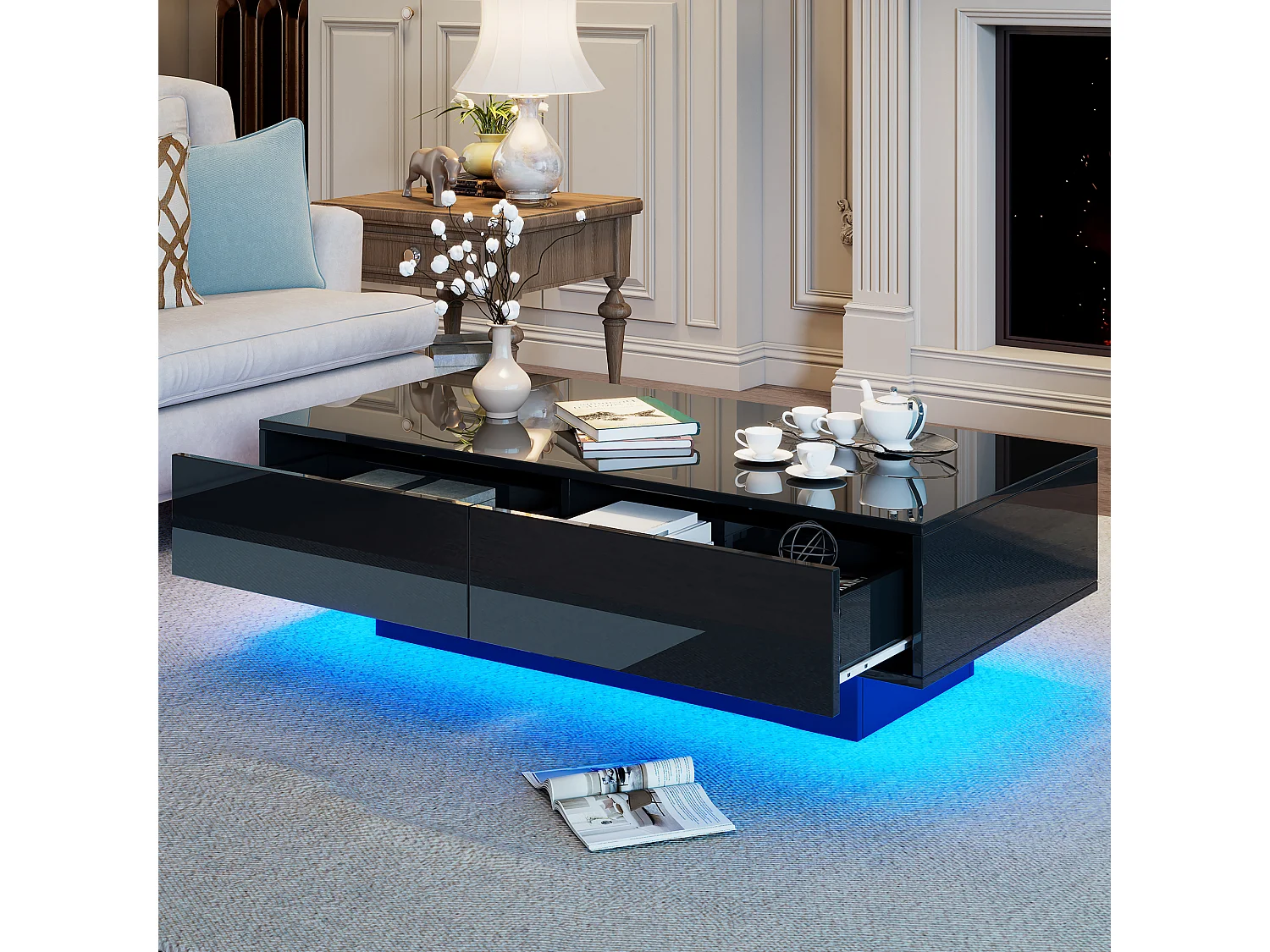 Table basse avec 2 tiroirs - 115 x 55 x 34 cm - LEDs - Panneaux de particules - Noire brillant