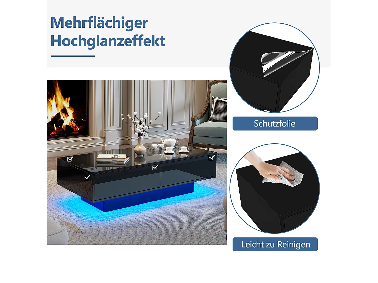 Table basse avec 2 tiroirs - 115 x 55 x 34 cm - LEDs - Panneaux de particules - Noire brillant