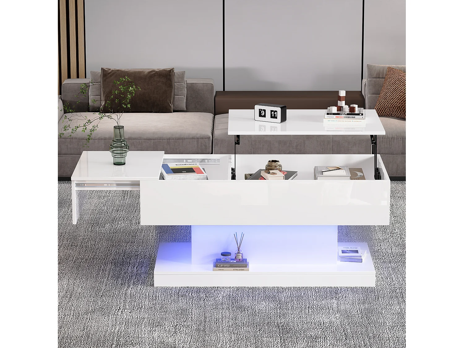 Salontafel met hefblad - 100 x 50 x 45 cm - LED's - Spaanplaat en metaal - Glanzend wit