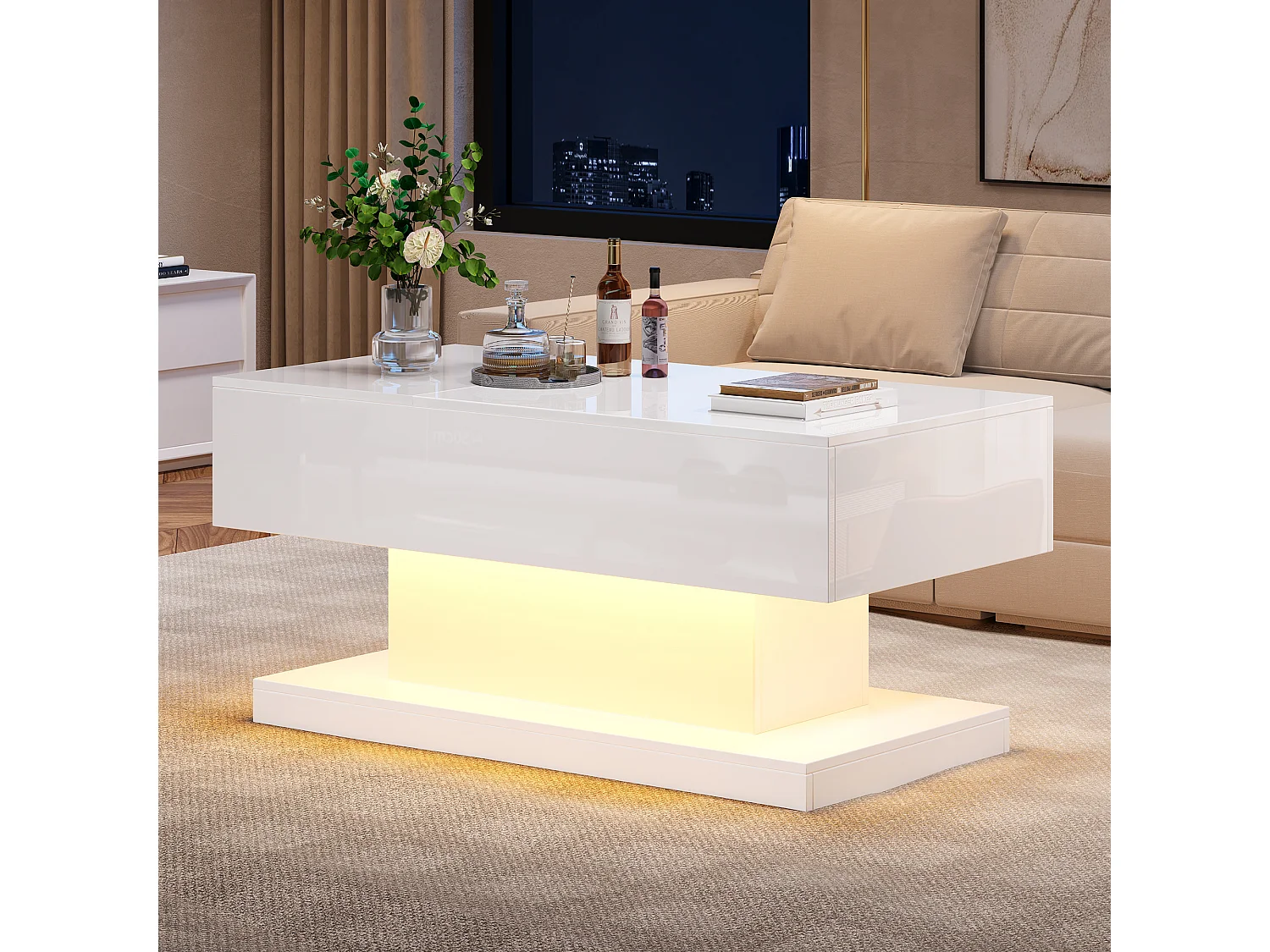 Salontafel met hefblad - 100 x 50 x 45 cm - LED's - Spaanplaat en metaal - Glanzend wit