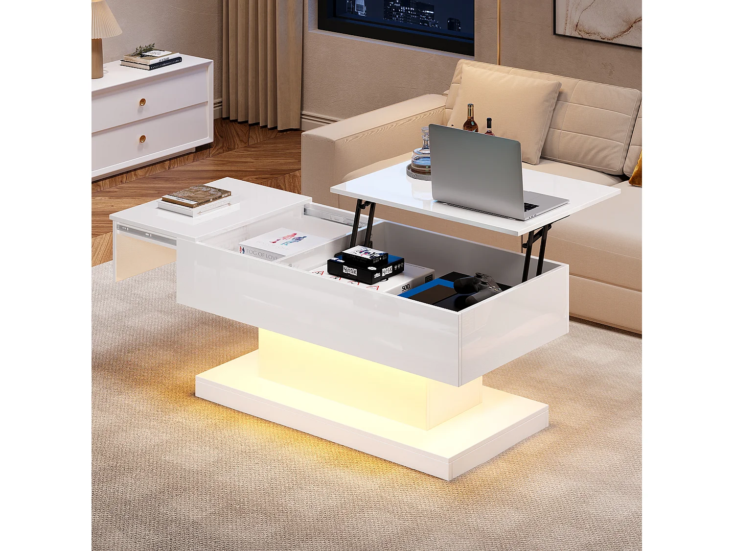 Table basse avec plateau relevable -  100 x 50 x 45 cm - LEDs - Panneaux de particules et métal - Blanc brillant