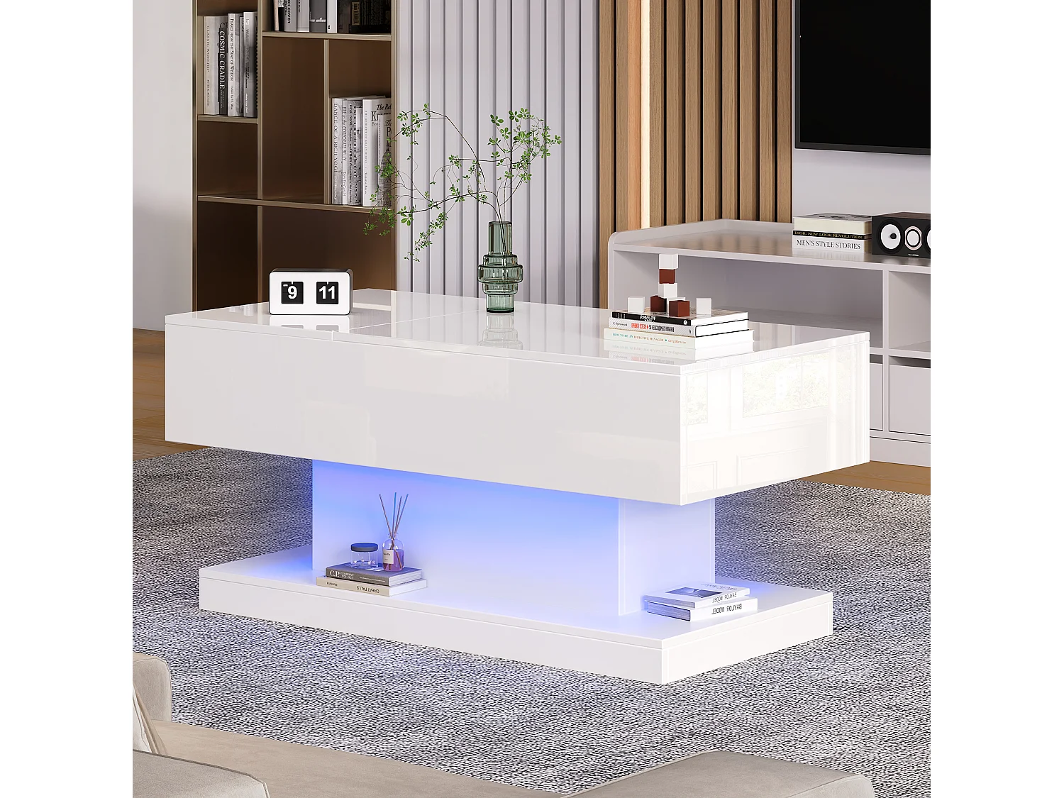 Table basse avec plateau relevable -  100 x 50 x 45 cm - LEDs - Panneaux de particules et métal - Blanc brillant