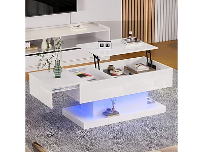 Soffbord med lyftbar skiva - 100 x 50 x 45 cm - LED-lampor - Spånskiva och metall - Blank vit